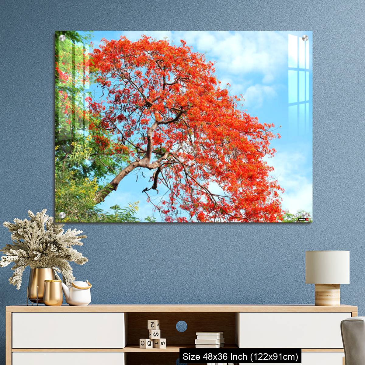 OMGs Acrylic Wall Decor – Gul Mohar tree in full bloom against a bright blue tropical sky in Mumbai, India. - Image 3