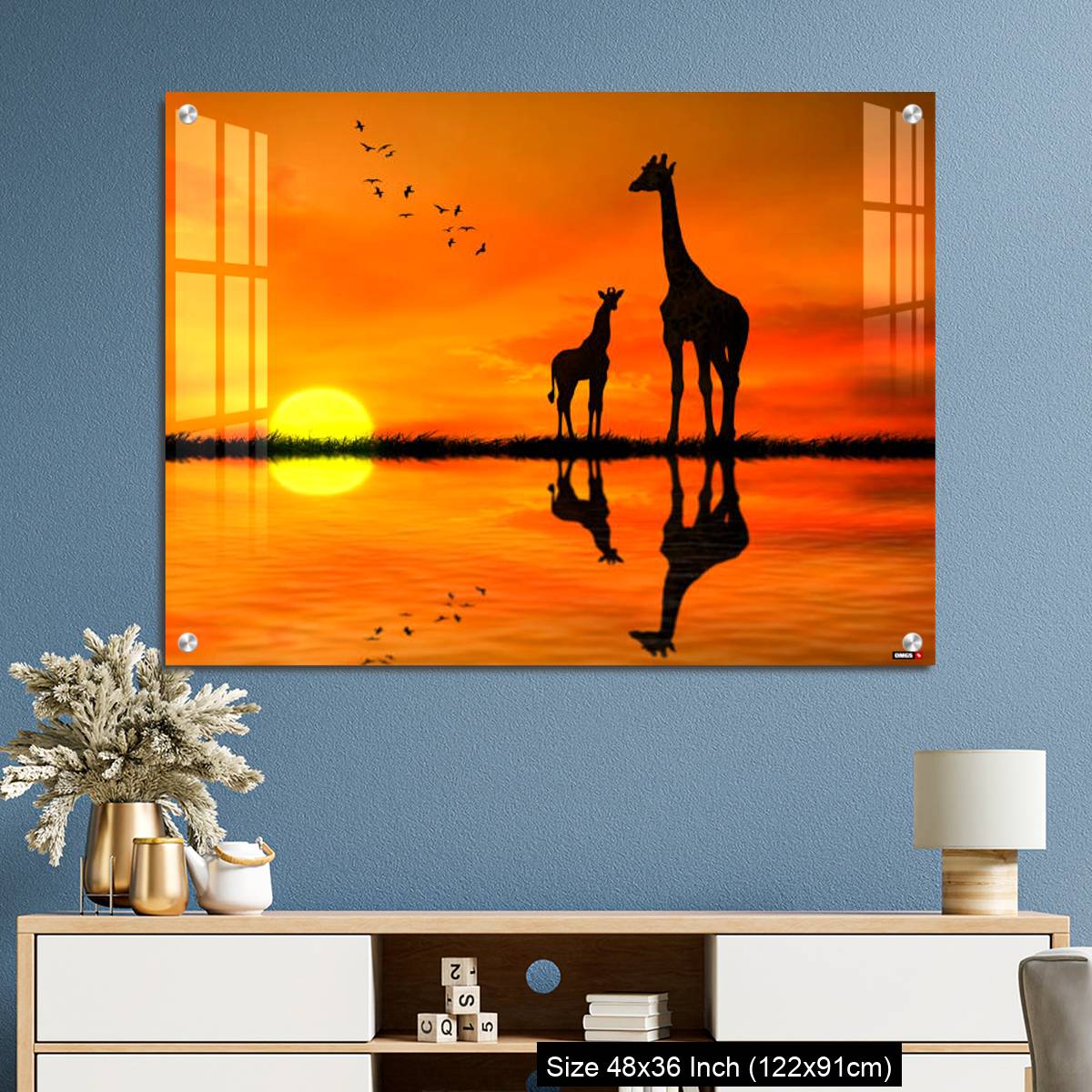 OMGs Acrylic Wall Decor – Silhouettes of two giraffes with reflection in lake water against African sunset - Image 3