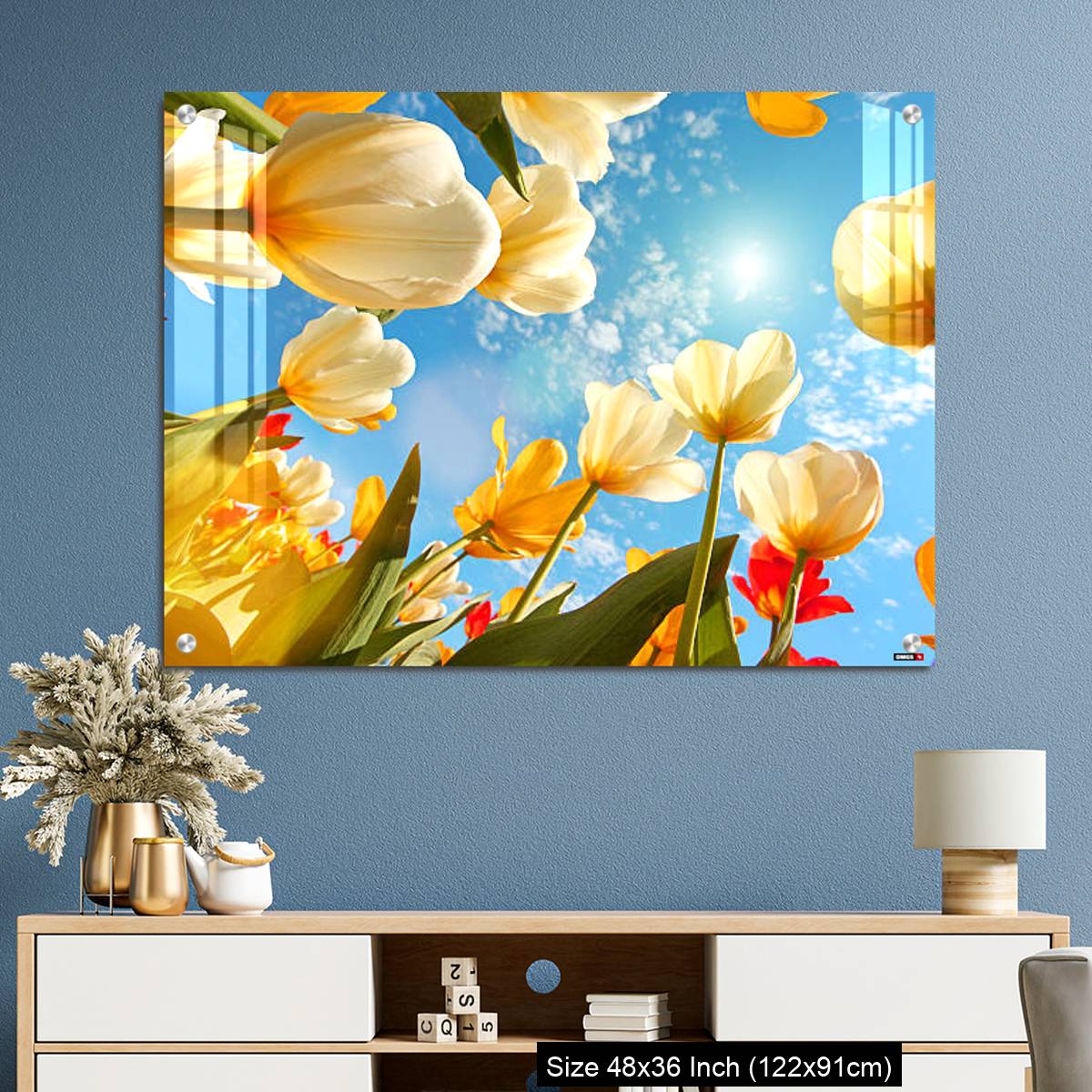 OMGs Acrylic Wall Decor – Summertime: sunny sky with colorful tulips flowers, looking up - Image 3