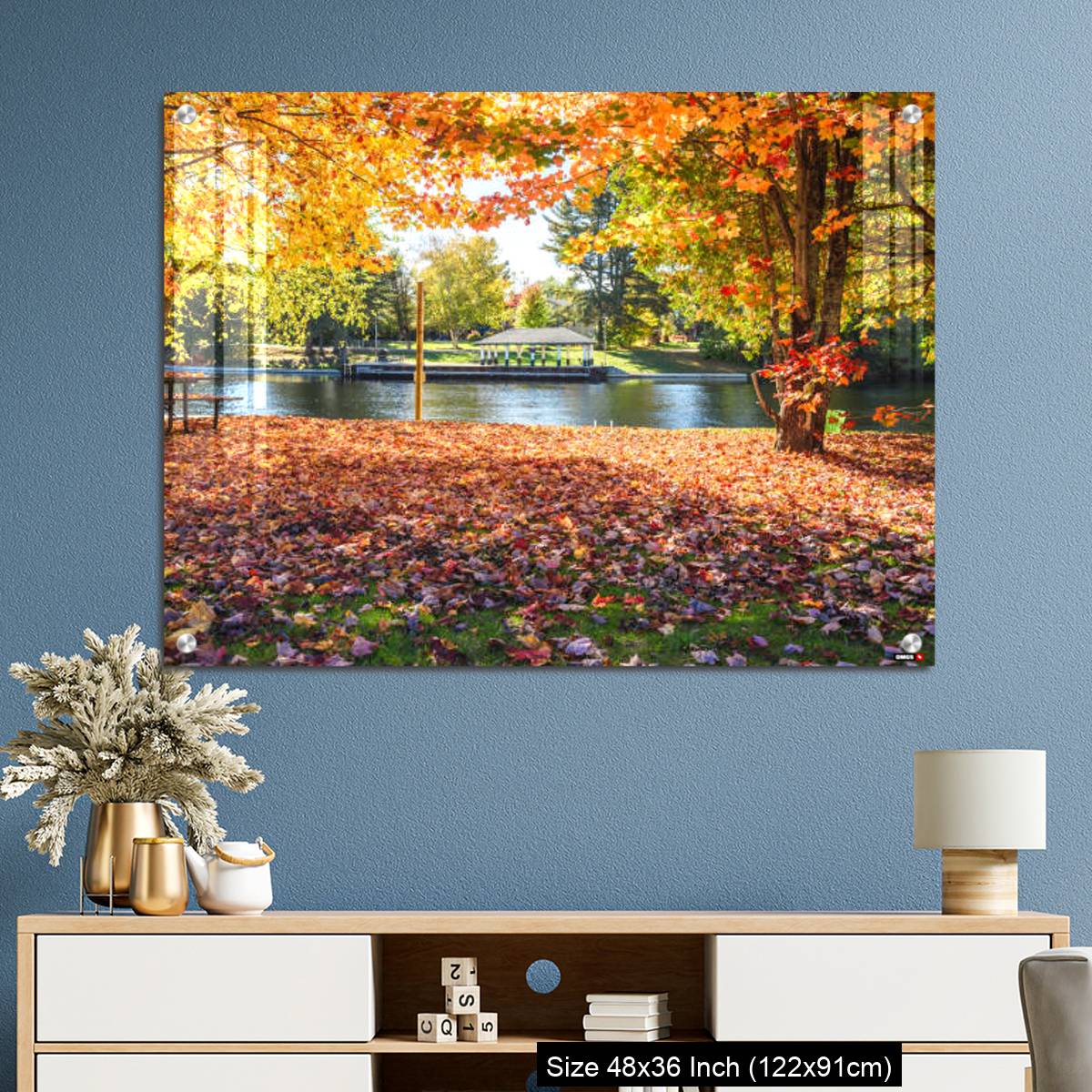 OMGs Acrylic Wall Decor – Deserted riverside park covered in fallen leaves on a sunny autumn day - Image 3