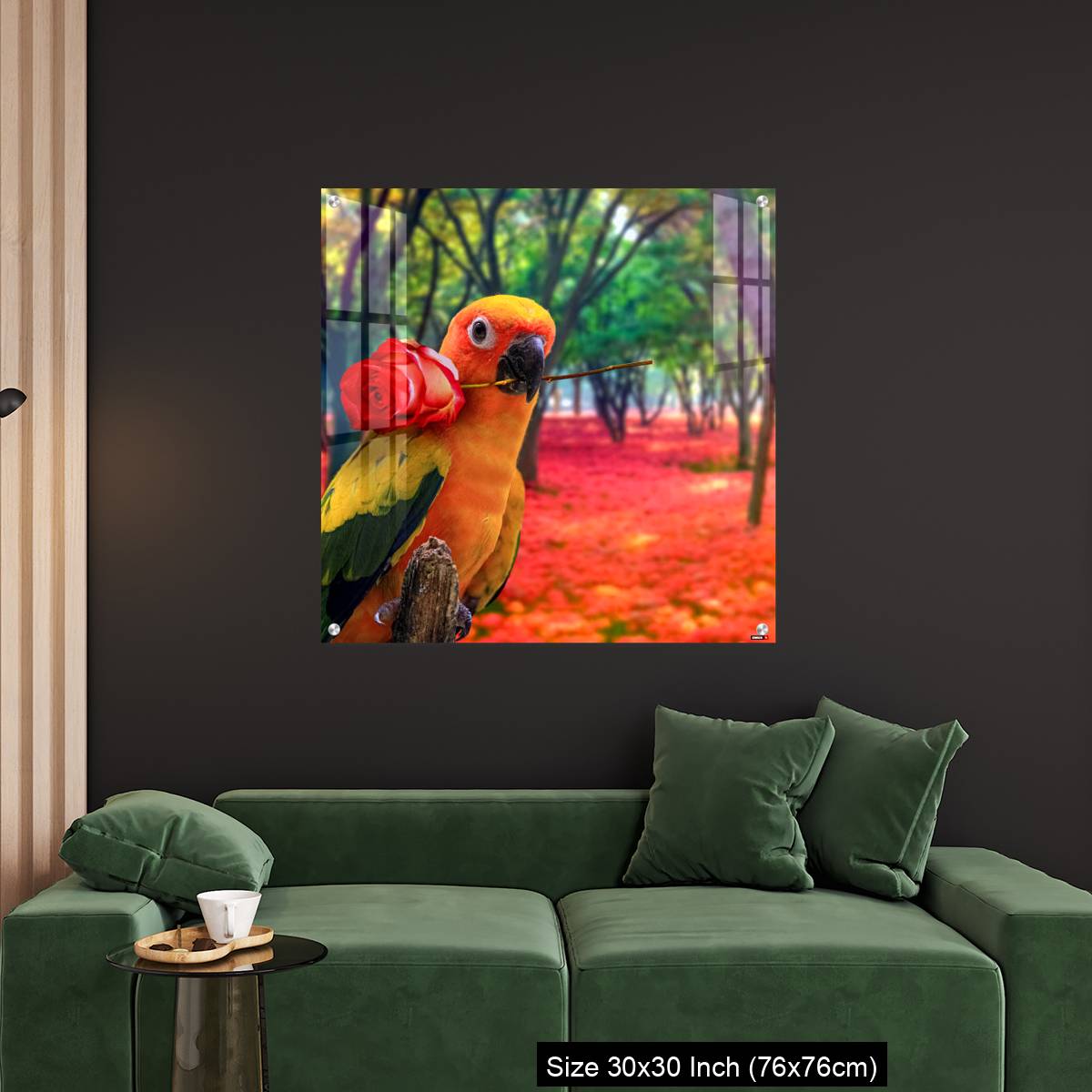OMGs Acrylic Wall Decor – Cute Parrot Holding a Red Rose in a Colorful Forest - Image 4