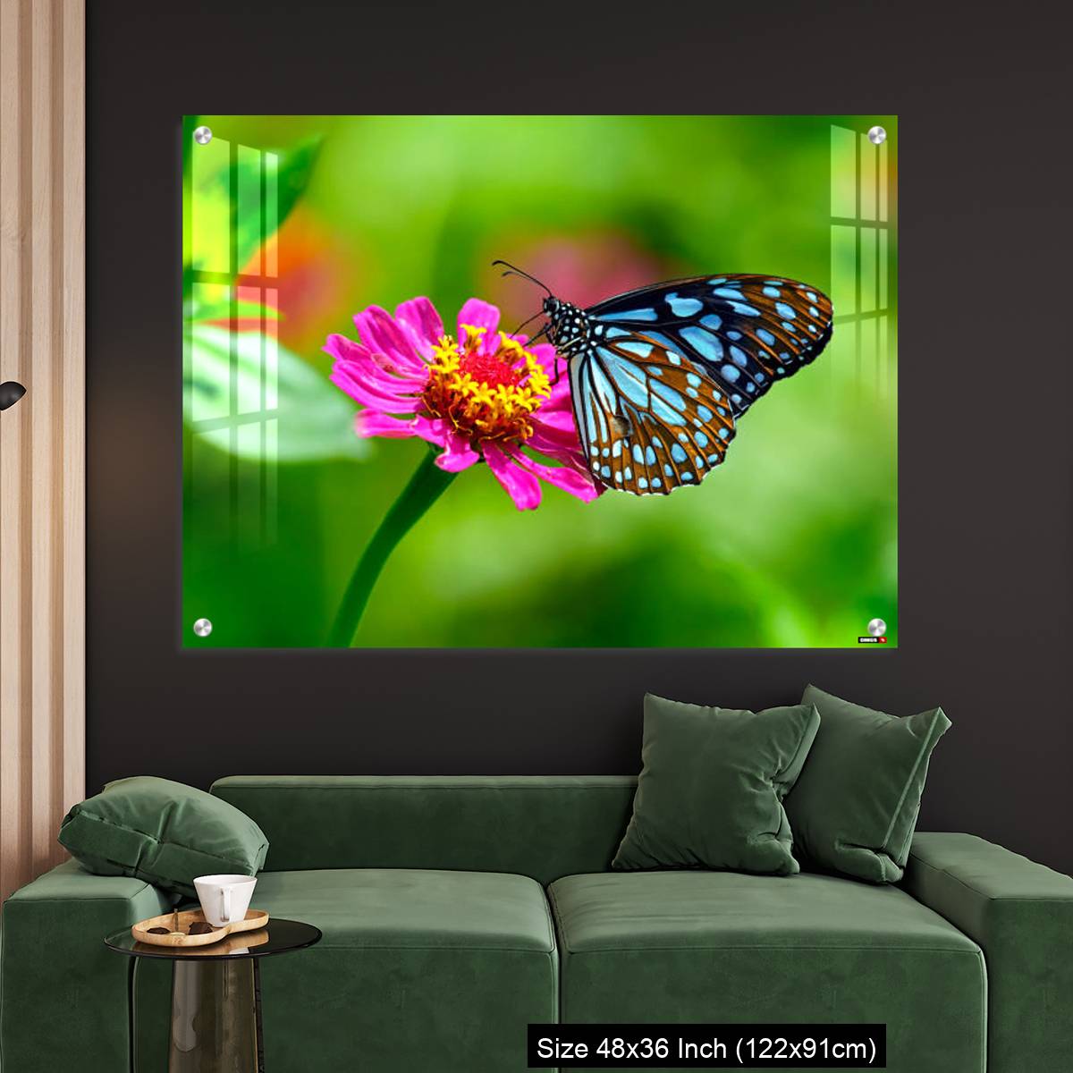 OMGs Acrylic Wall Decor – Blue tiger butterfly on a pink zinnia flower with green background - Image 4