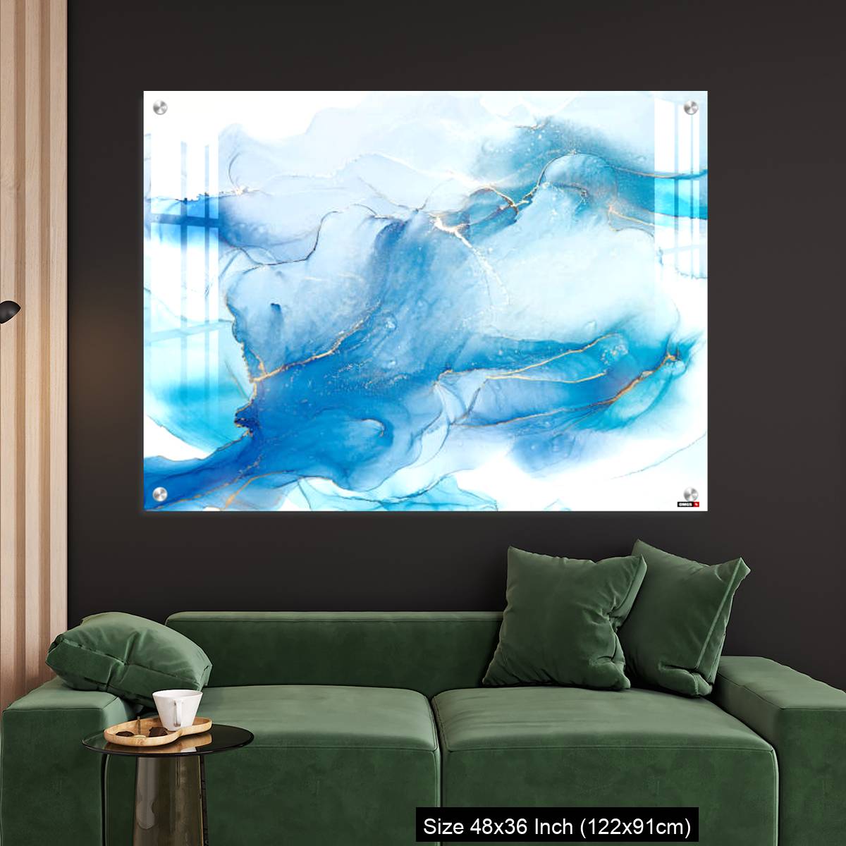 OMGs Acrylic Wall Decor – Cyan blue liquid watercolor background with golden stains - Image 4