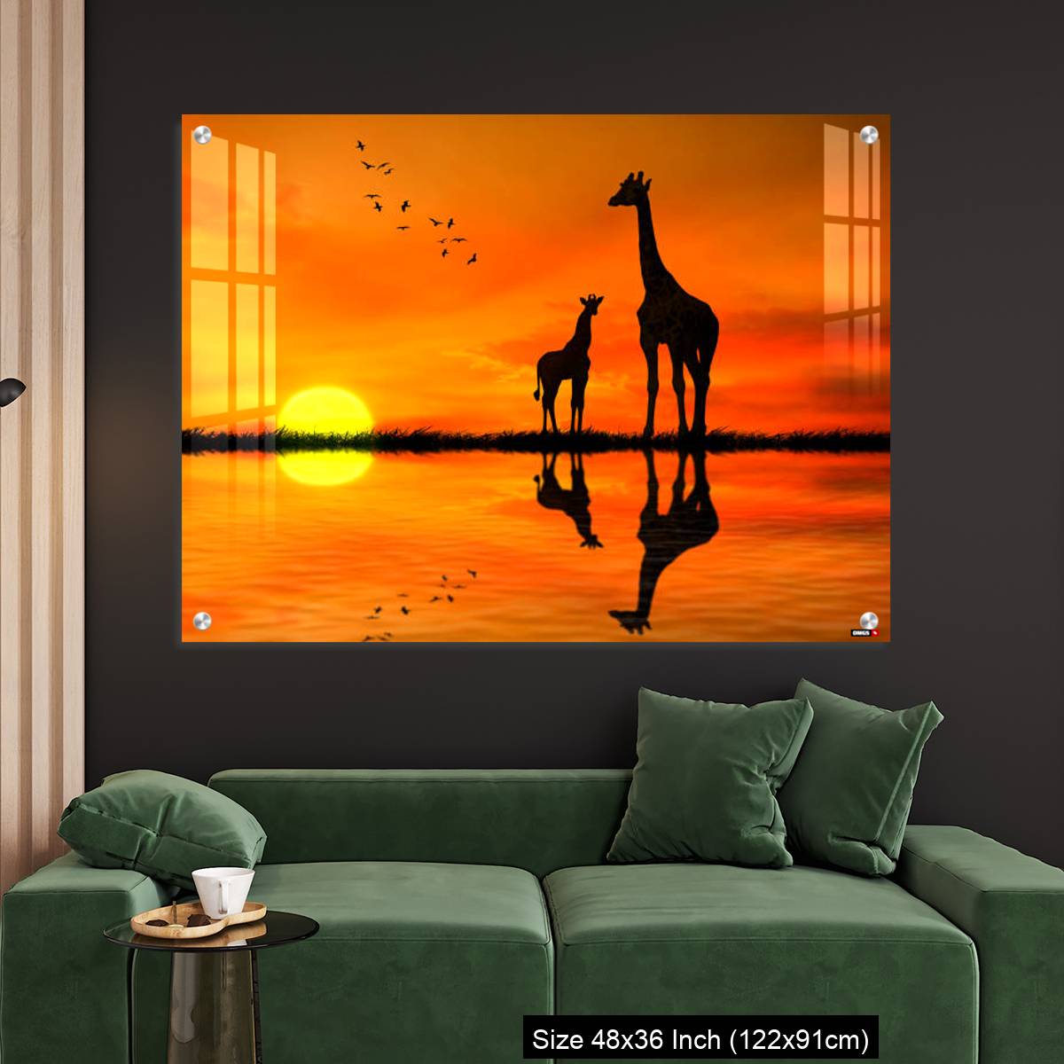 OMGs Acrylic Wall Decor – Silhouettes of two giraffes with reflection in lake water against African sunset - Image 4