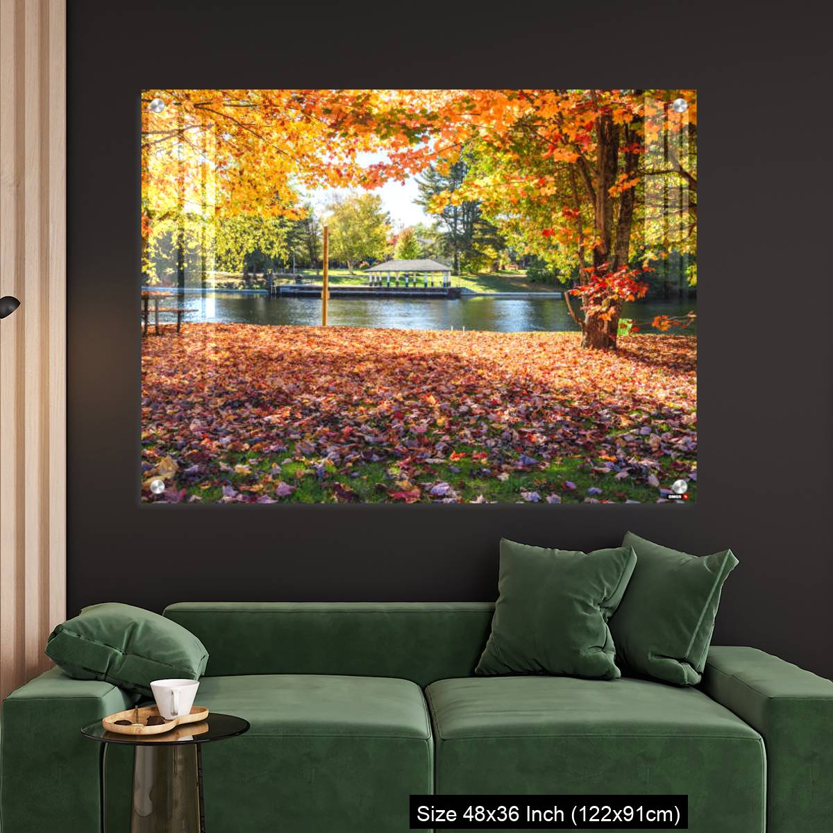 OMGs Acrylic Wall Decor – Deserted riverside park covered in fallen leaves on a sunny autumn day - Image 4