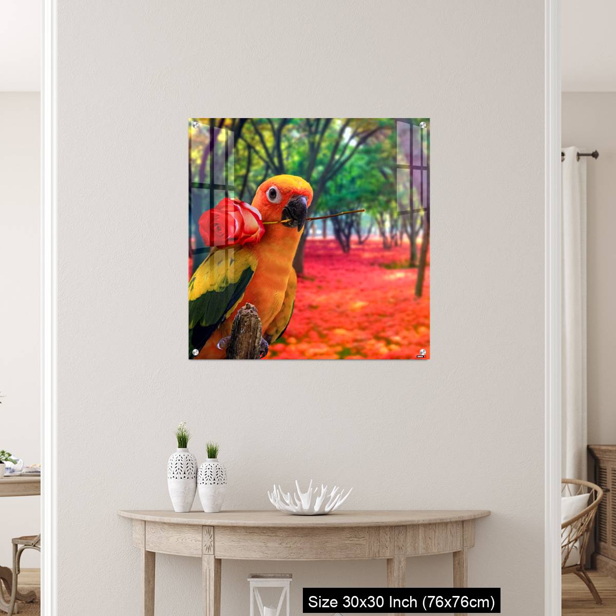 OMGs Acrylic Wall Decor – Cute Parrot Holding a Red Rose in a Colorful Forest - Image 5