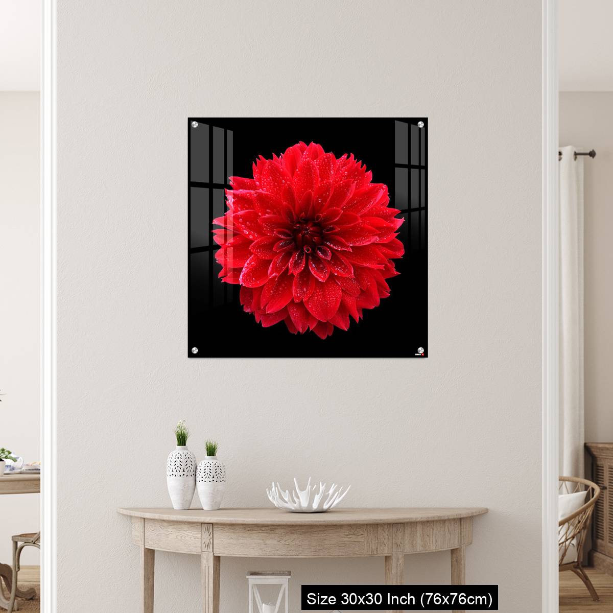 OMGs Acrylic Wall Decor – Red dahlia,like a ball of fire,on black background - Image 5