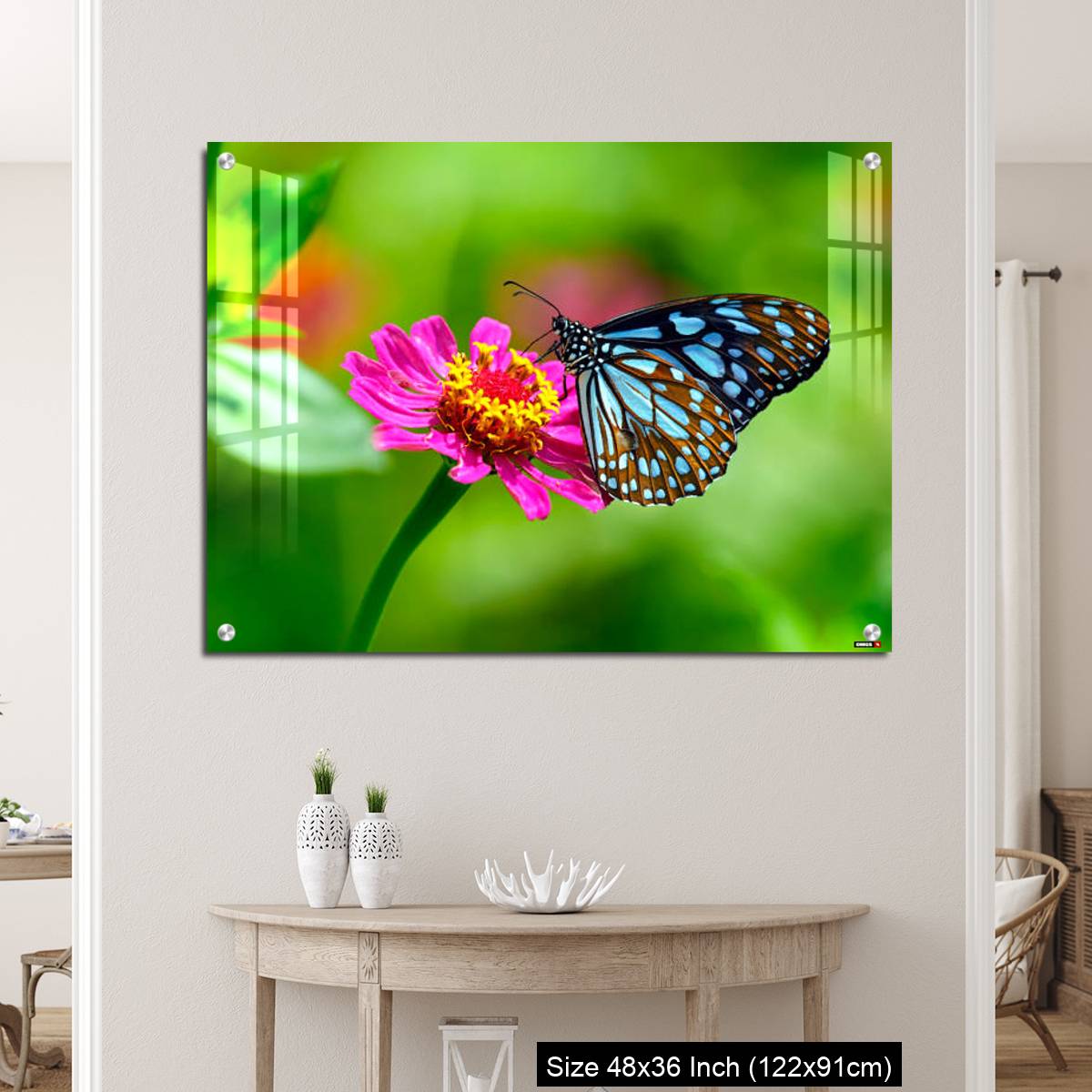 OMGs Acrylic Wall Decor – Blue tiger butterfly on a pink zinnia flower with green background - Image 5
