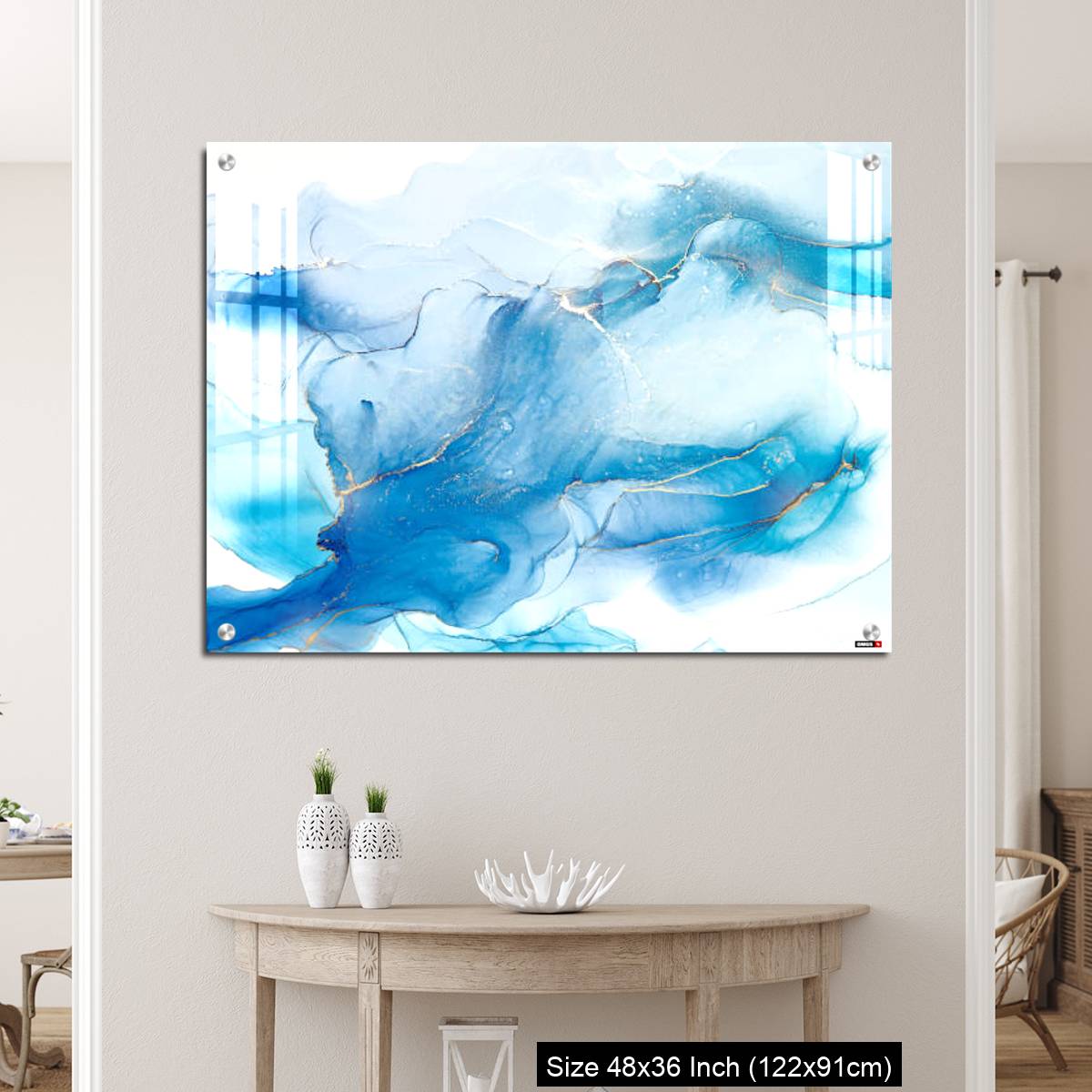 OMGs Acrylic Wall Decor – Cyan blue liquid watercolor background with golden stains - Image 5