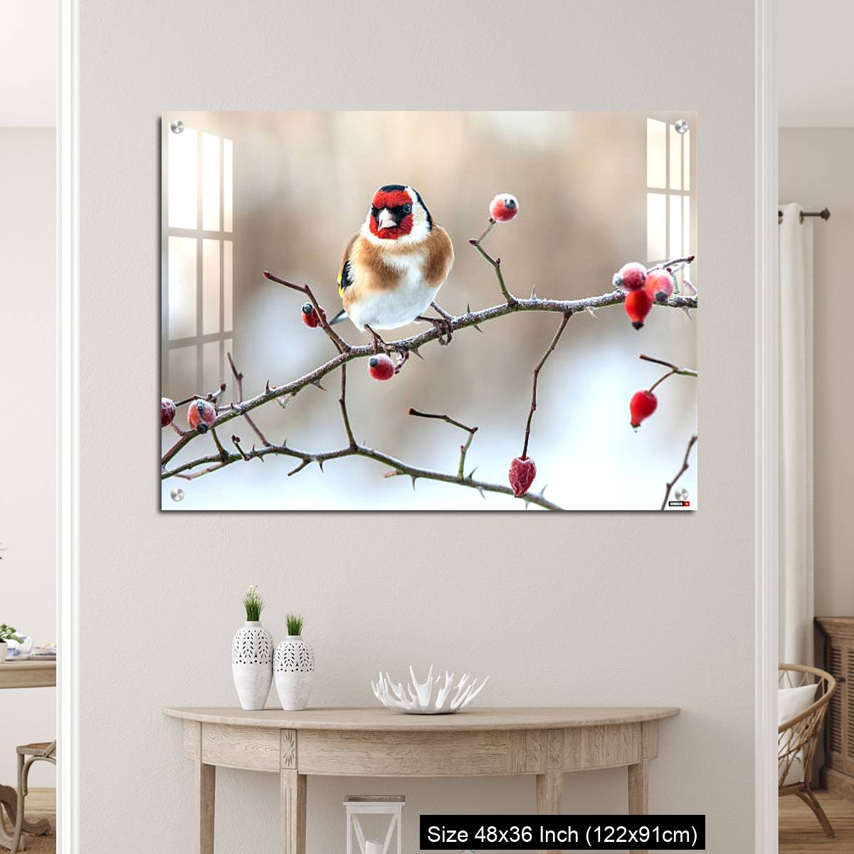 OMGs Acrylic Wall Decor – European Goldfinch with frozen red rose hips. - Image 5