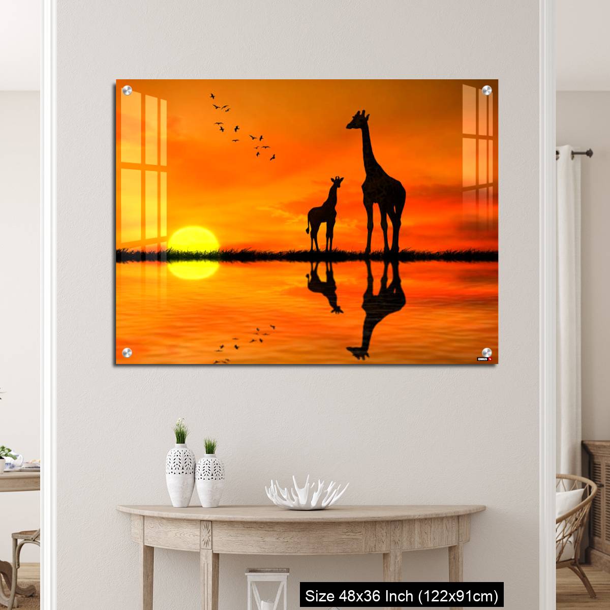 OMGs Acrylic Wall Decor – Silhouettes of two giraffes with reflection in lake water against African sunset - Image 5