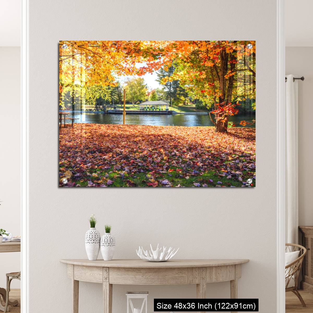 OMGs Acrylic Wall Decor – Deserted riverside park covered in fallen leaves on a sunny autumn day - Image 5