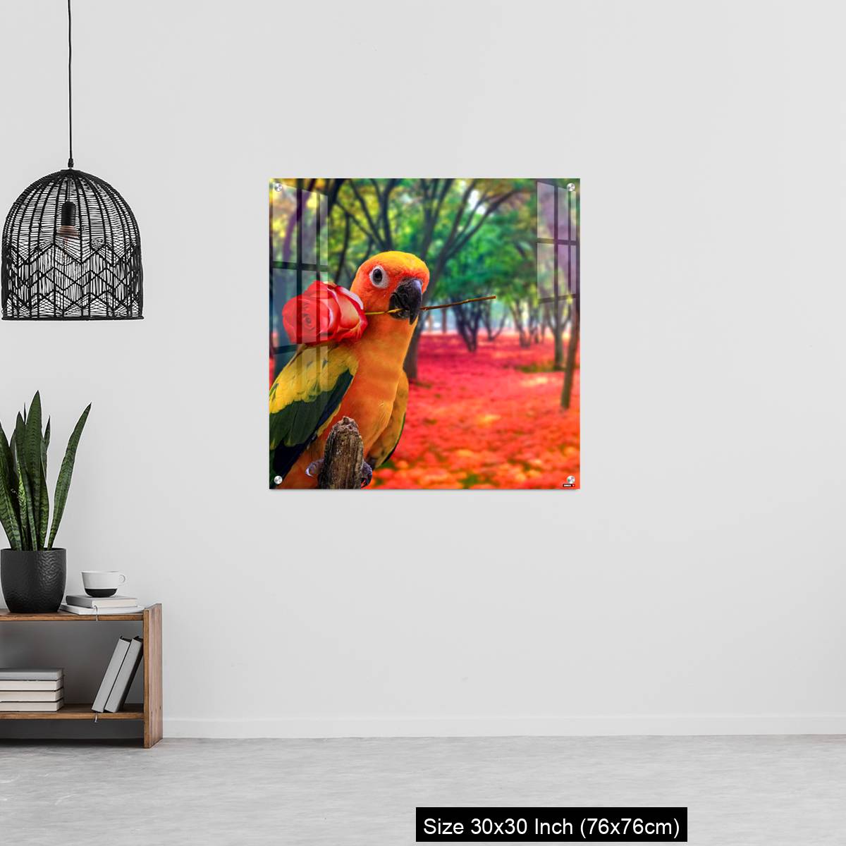 OMGs Acrylic Wall Decor – Cute Parrot Holding a Red Rose in a Colorful Forest - Image 6