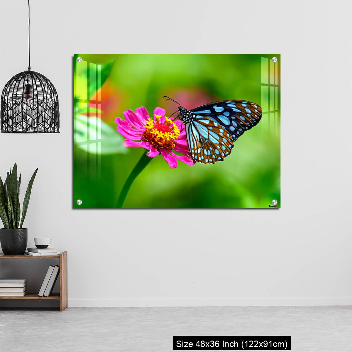 OMGs Acrylic Wall Decor – Blue tiger butterfly on a pink zinnia flower with green background - Image 6