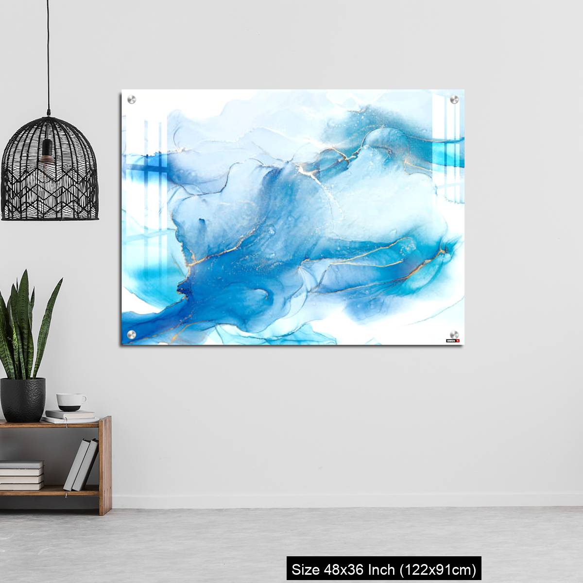 OMGs Acrylic Wall Decor – Cyan blue liquid watercolor background with golden stains - Image 6