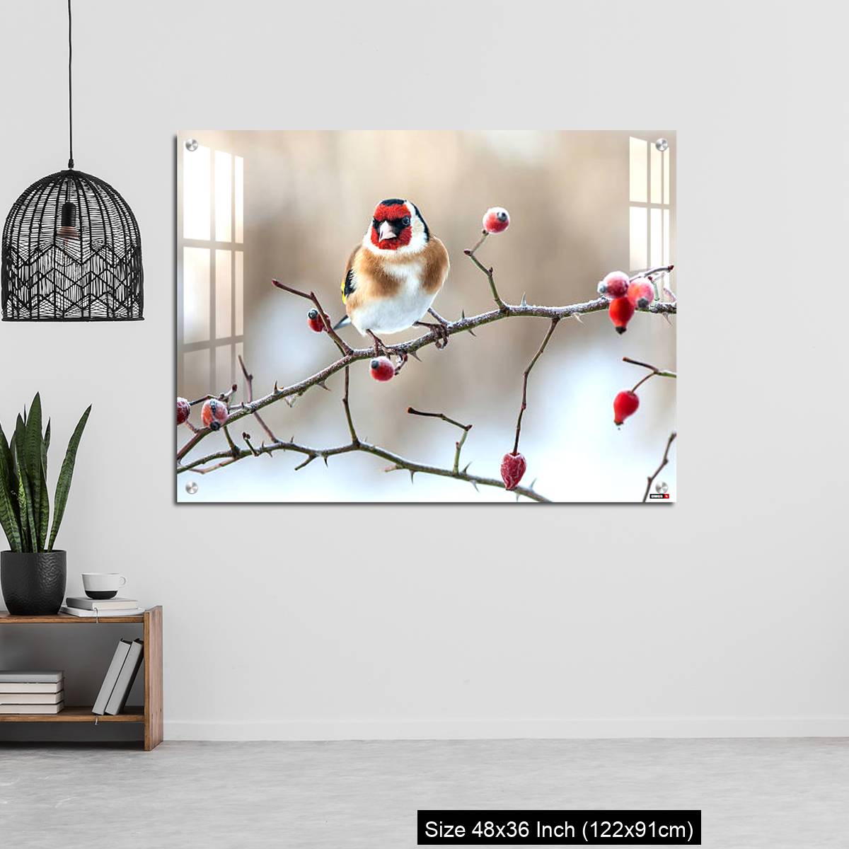 OMGs Acrylic Wall Decor – European Goldfinch with frozen red rose hips. - Image 6