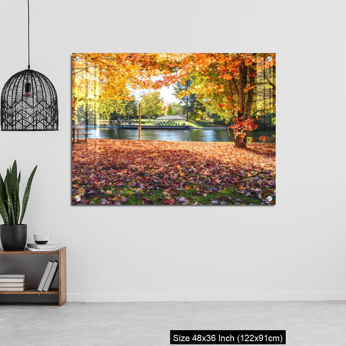 OMGs Acrylic Wall Decor – Deserted riverside park covered in fallen leaves on a sunny autumn day - Image 6