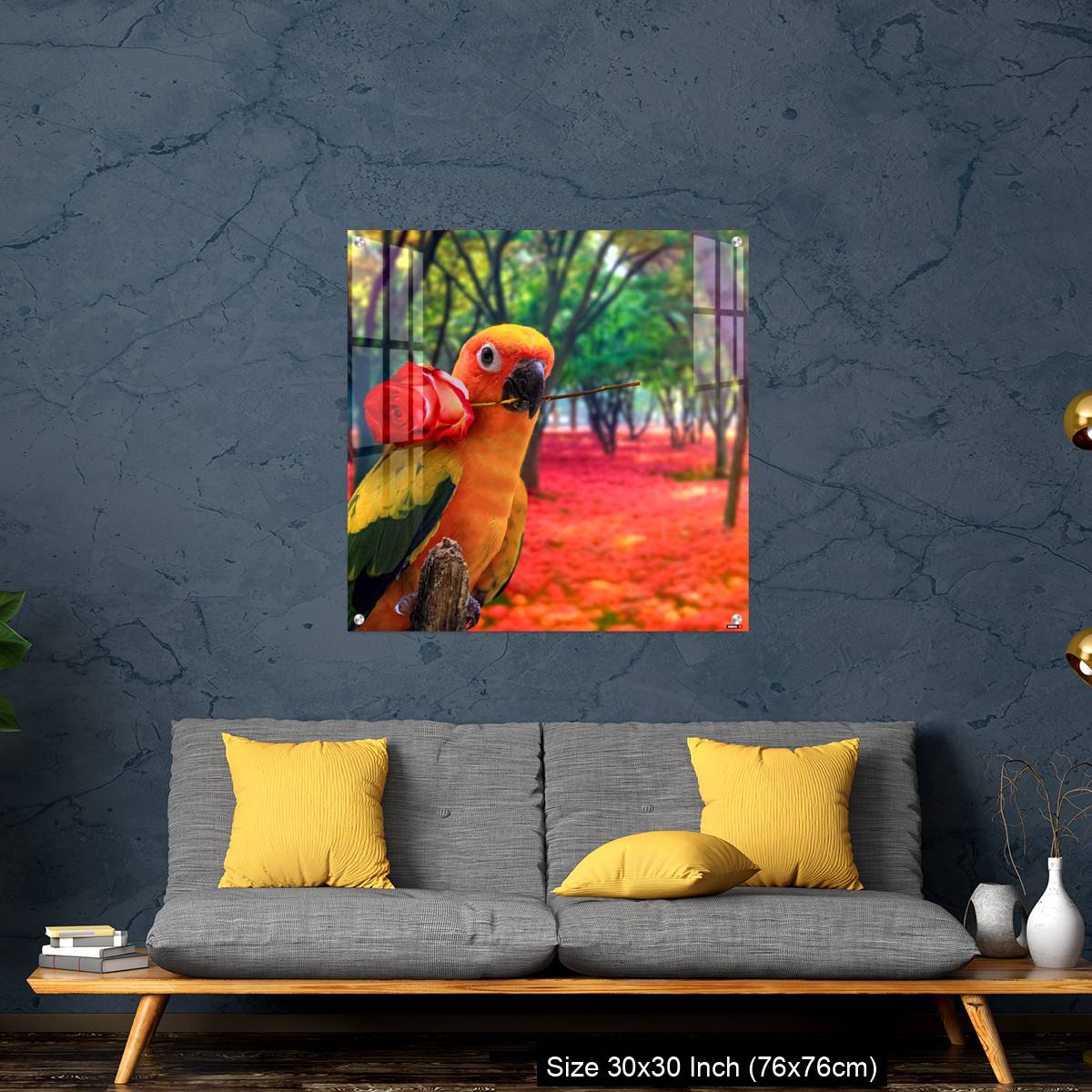 OMGs Acrylic Wall Decor – Cute Parrot Holding a Red Rose in a Colorful Forest - Image 7