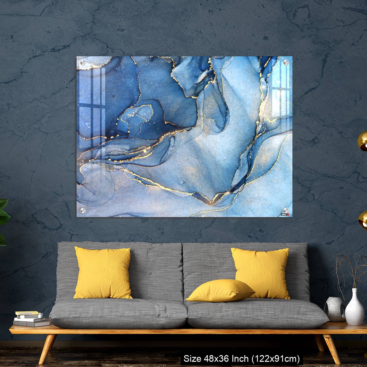 OMGs Acrylic Wall Decor – Abstract blue liquid watercolor background with golden stains - Image 7