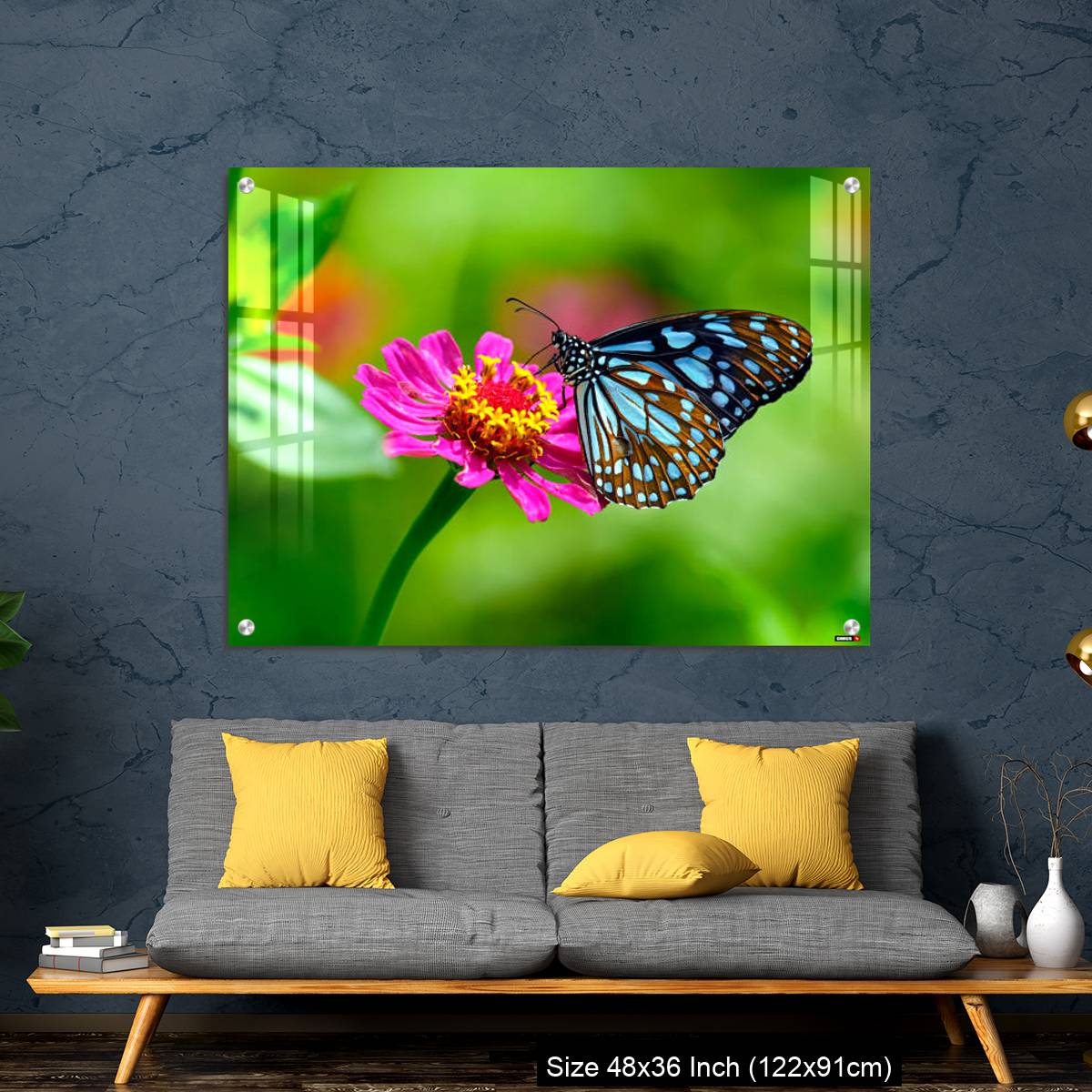 OMGs Acrylic Wall Decor – Blue tiger butterfly on a pink zinnia flower with green background - Image 7
