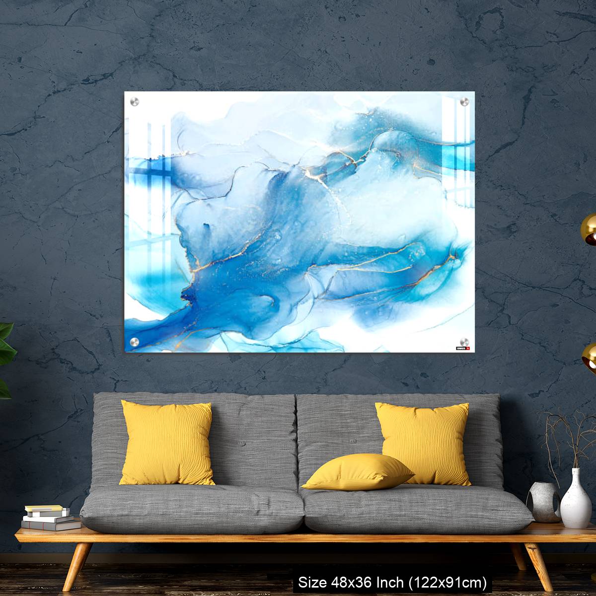 OMGs Acrylic Wall Decor – Cyan blue liquid watercolor background with golden stains - Image 7