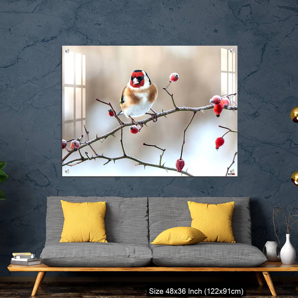 OMGs Acrylic Wall Decor – European Goldfinch with frozen red rose hips. - Image 7