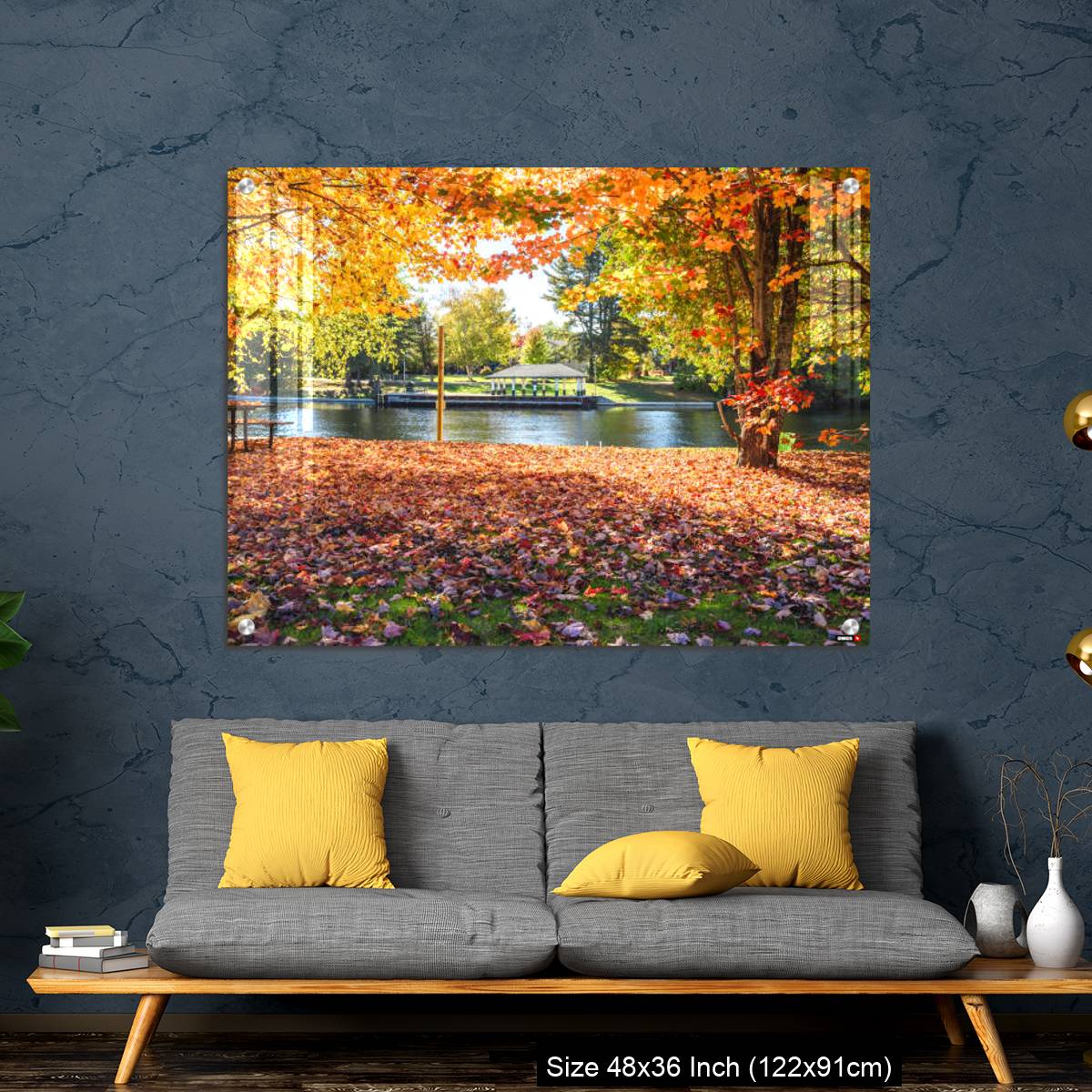 OMGs Acrylic Wall Decor – Deserted riverside park covered in fallen leaves on a sunny autumn day - Image 7