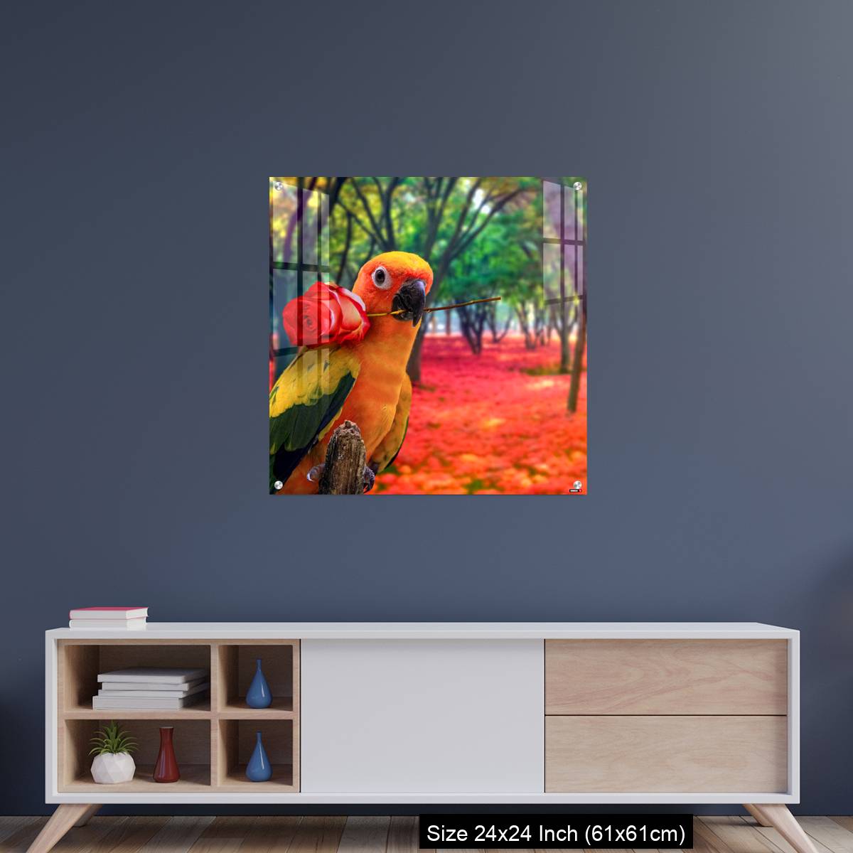OMGs Acrylic Wall Decor – Cute Parrot Holding a Red Rose in a Colorful Forest - Image 8