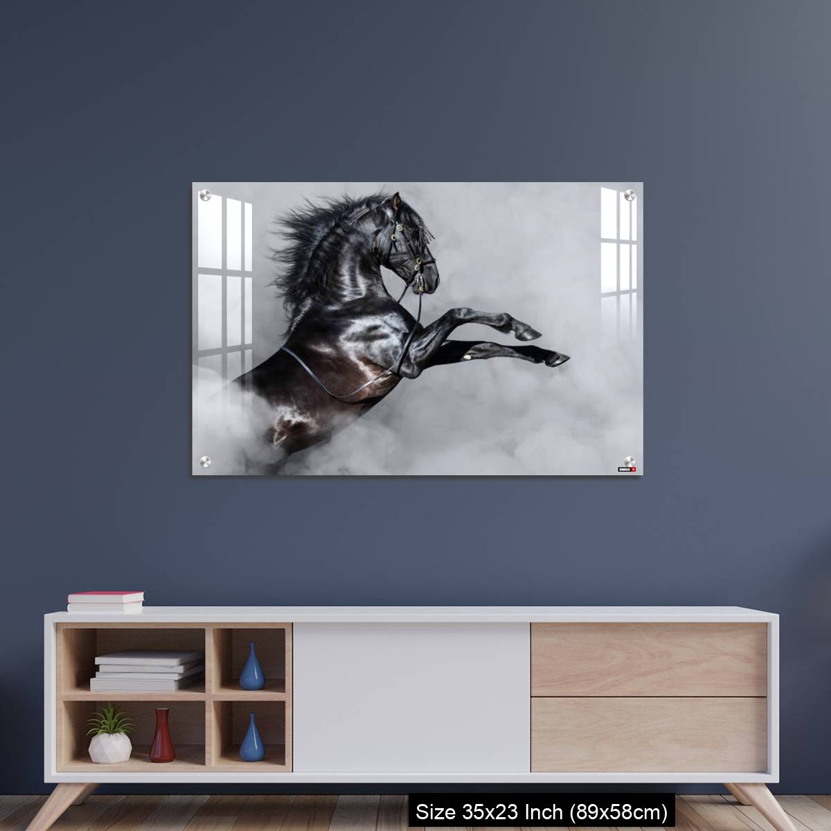 OMGs Acrylic Wall Decor – Black Andalusian horse rearing in smoke. - Image 8