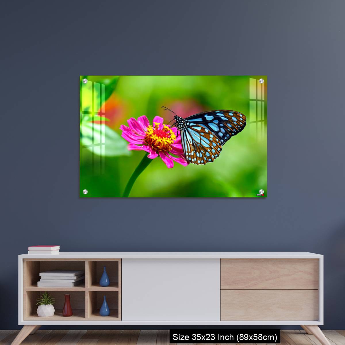 OMGs Acrylic Wall Decor – Blue tiger butterfly on a pink zinnia flower with green background - Image 8