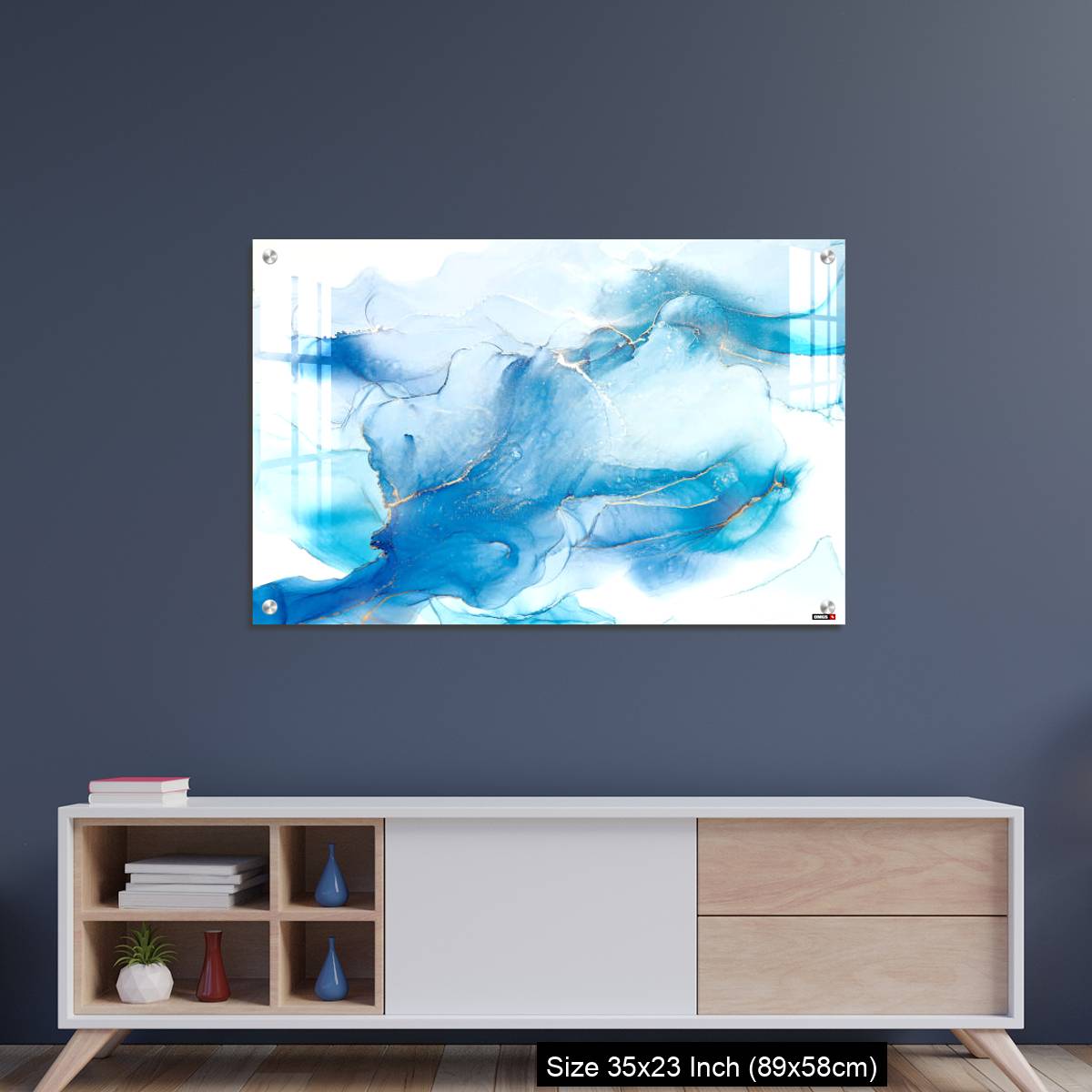 OMGs Acrylic Wall Decor – Cyan blue liquid watercolor background with golden stains - Image 8
