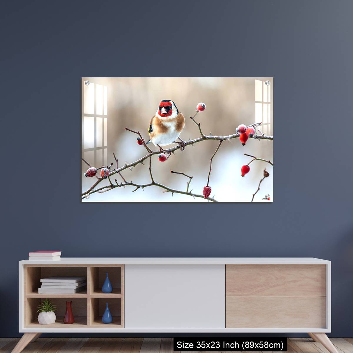 OMGs Acrylic Wall Decor – European Goldfinch with frozen red rose hips. - Image 8