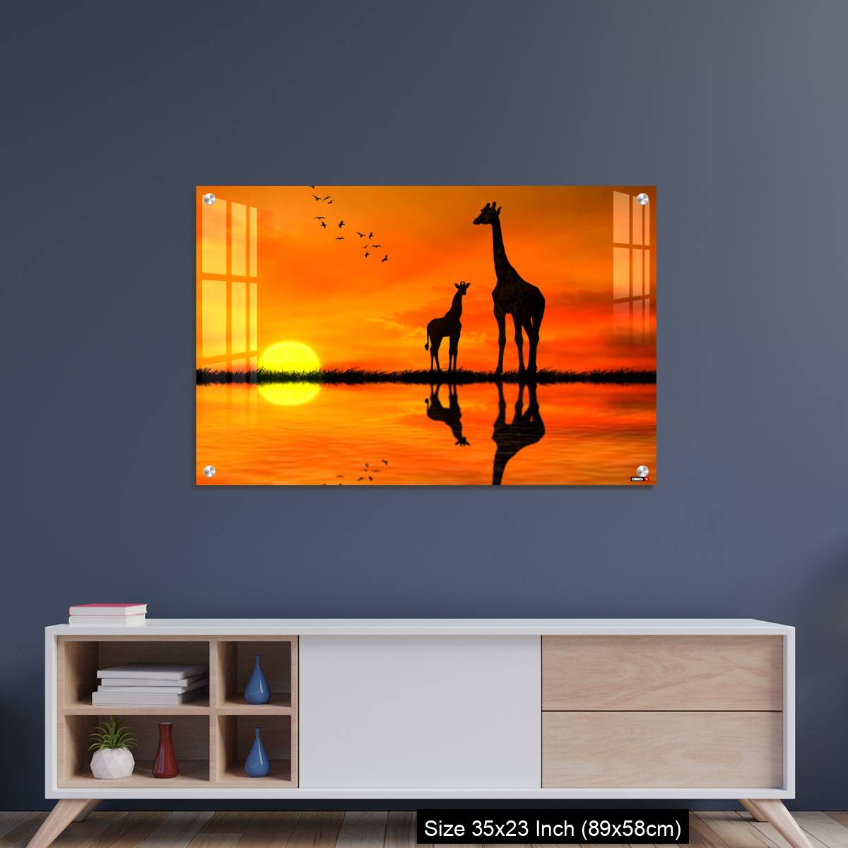 OMGs Acrylic Wall Decor – Silhouettes of two giraffes with reflection in lake water against African sunset - Image 8