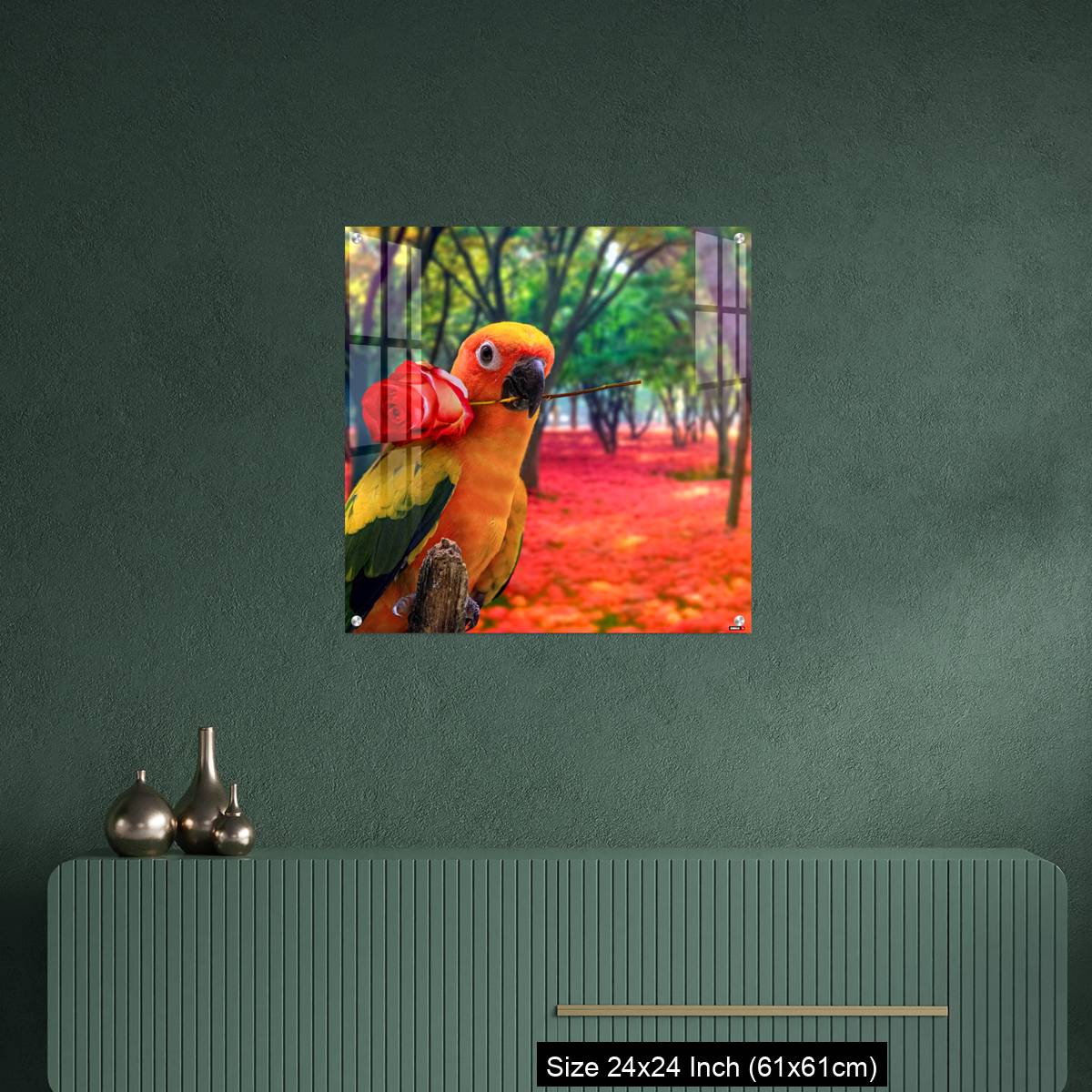 OMGs Acrylic Wall Decor – Cute Parrot Holding a Red Rose in a Colorful Forest - Image 9