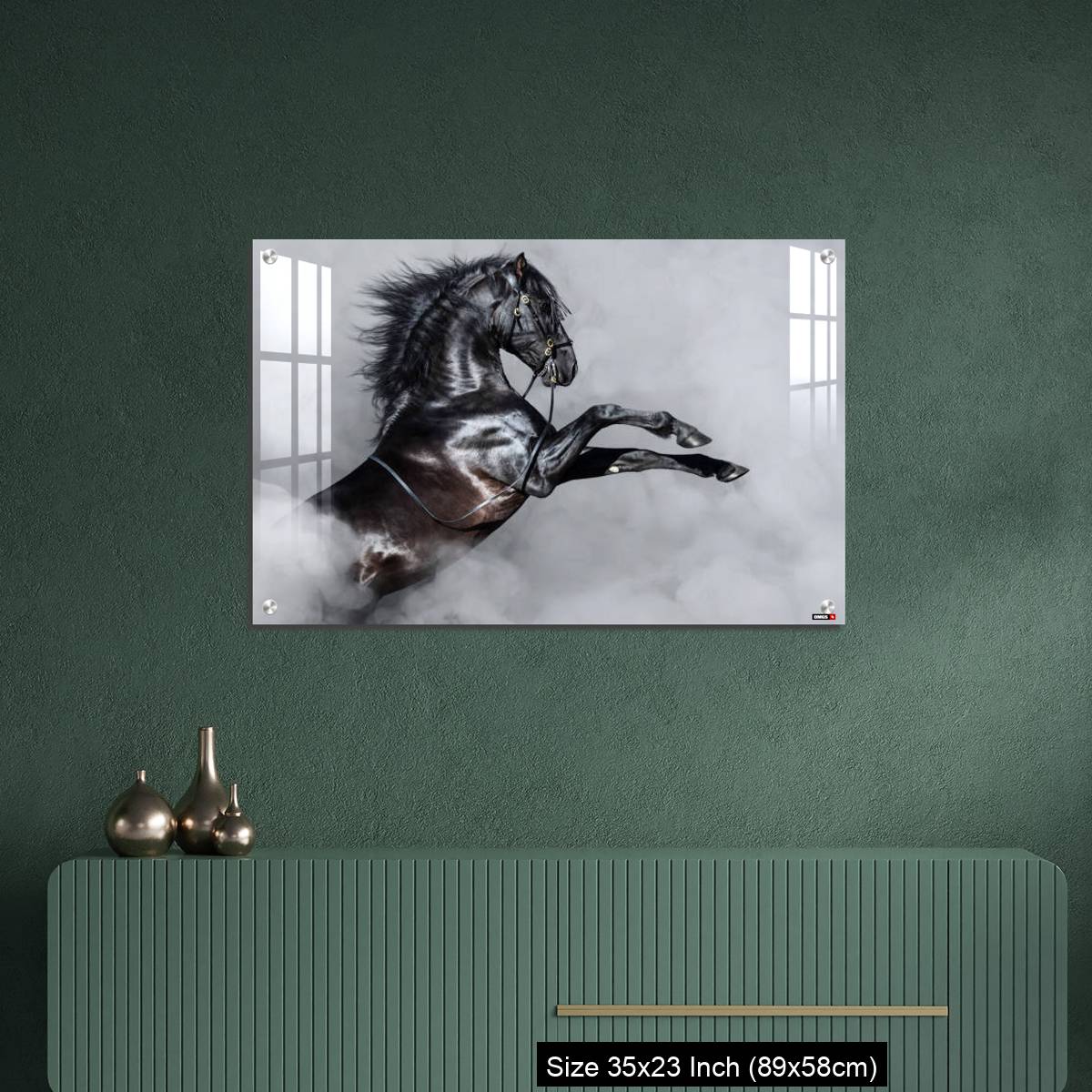 OMGs Acrylic Wall Decor – Black Andalusian horse rearing in smoke. - Image 9