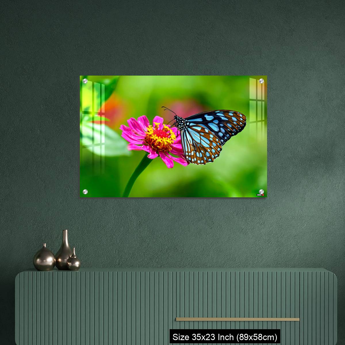 OMGs Acrylic Wall Decor – Blue tiger butterfly on a pink zinnia flower with green background - Image 9