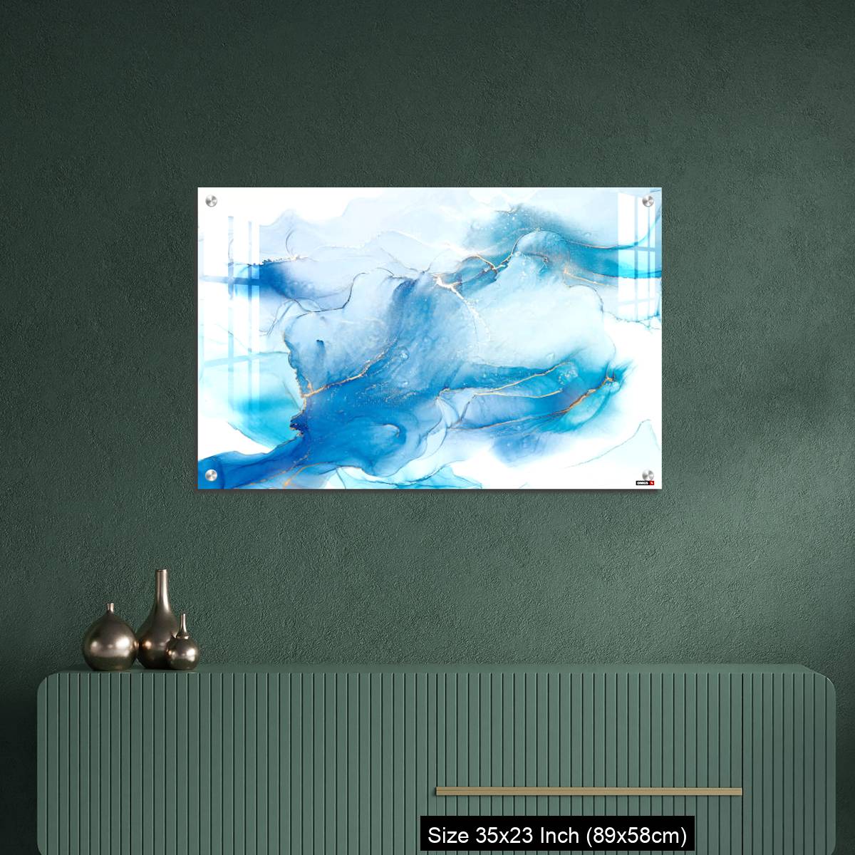 OMGs Acrylic Wall Decor – Cyan blue liquid watercolor background with golden stains - Image 9