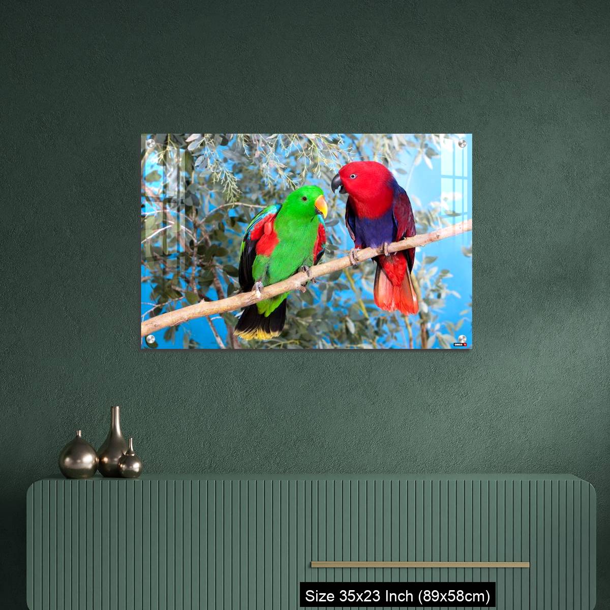 OMGs Acrylic Wall Decor – Eclectus Parrot, eclectus roratus, Pair standing on Branch, Male (green) and Female (Red) - Image 9