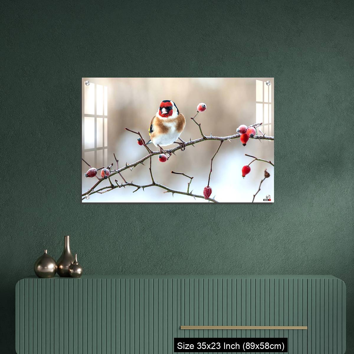 OMGs Acrylic Wall Decor – European Goldfinch with frozen red rose hips. - Image 9