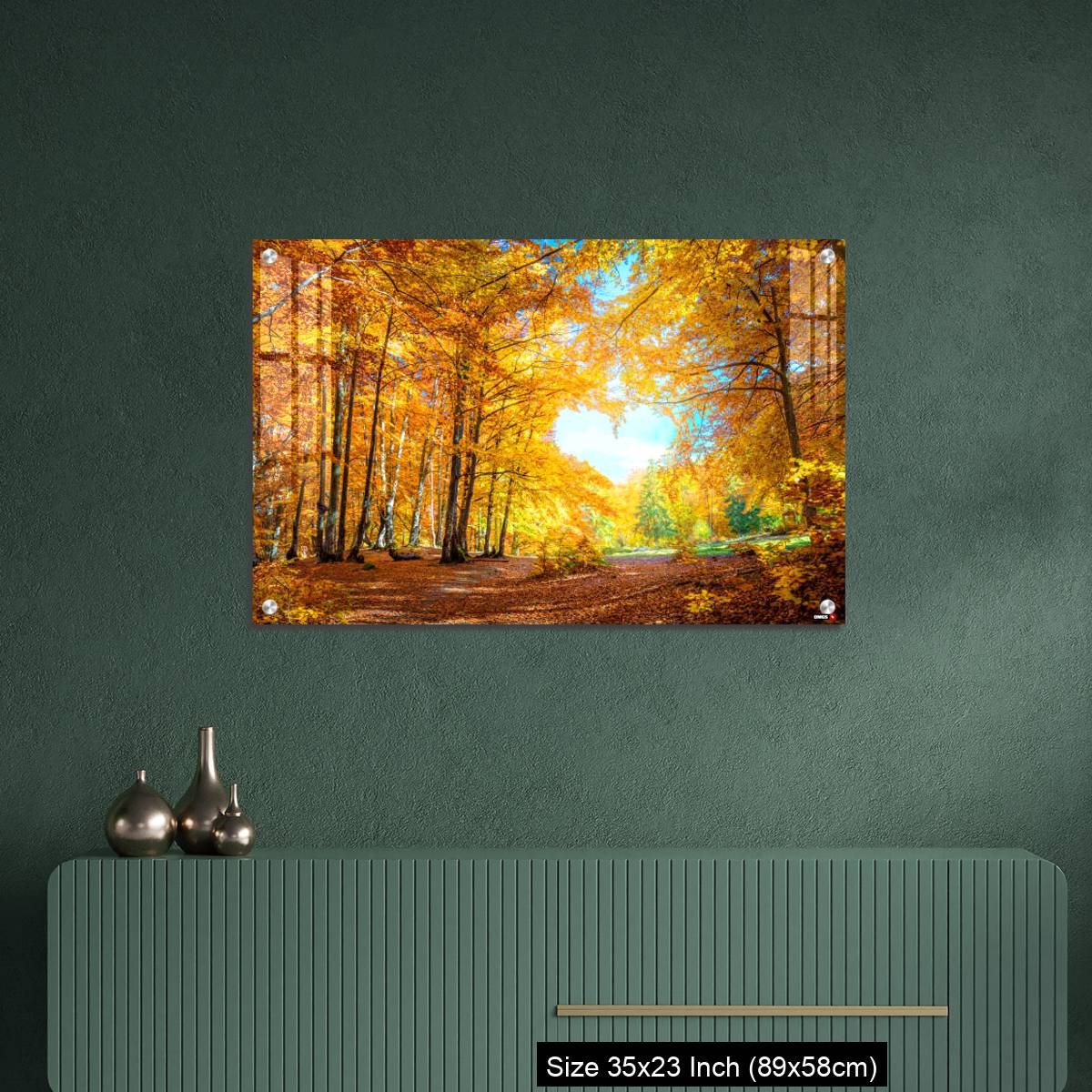 OMGs Acrylic Wall Decor – Heart of autumn - yellow orange trees in forest with heart shape, sunny weather, good day - Image 9