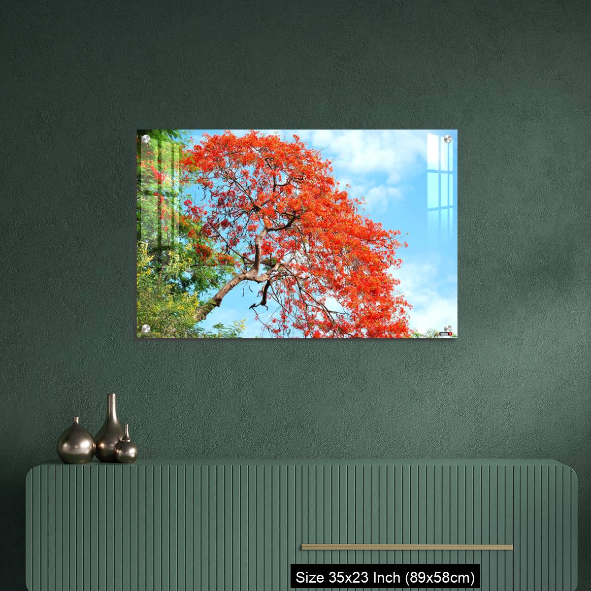 OMGs Acrylic Wall Decor – Gul Mohar tree in full bloom against a bright blue tropical sky in Mumbai, India. - Image 9