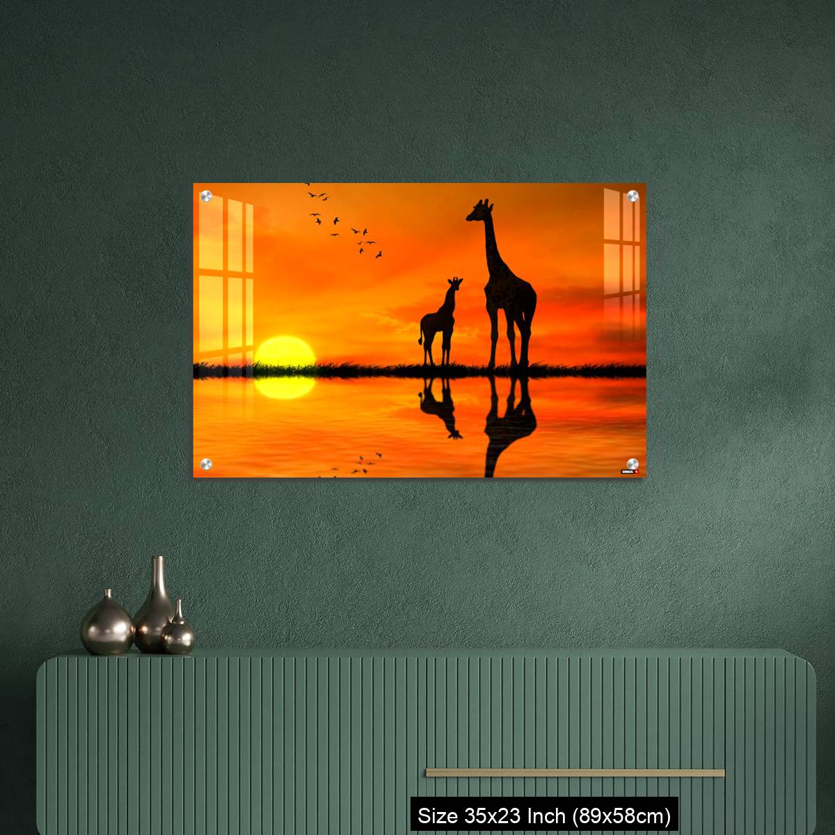 OMGs Acrylic Wall Decor – Silhouettes of two giraffes with reflection in lake water against African sunset - Image 9