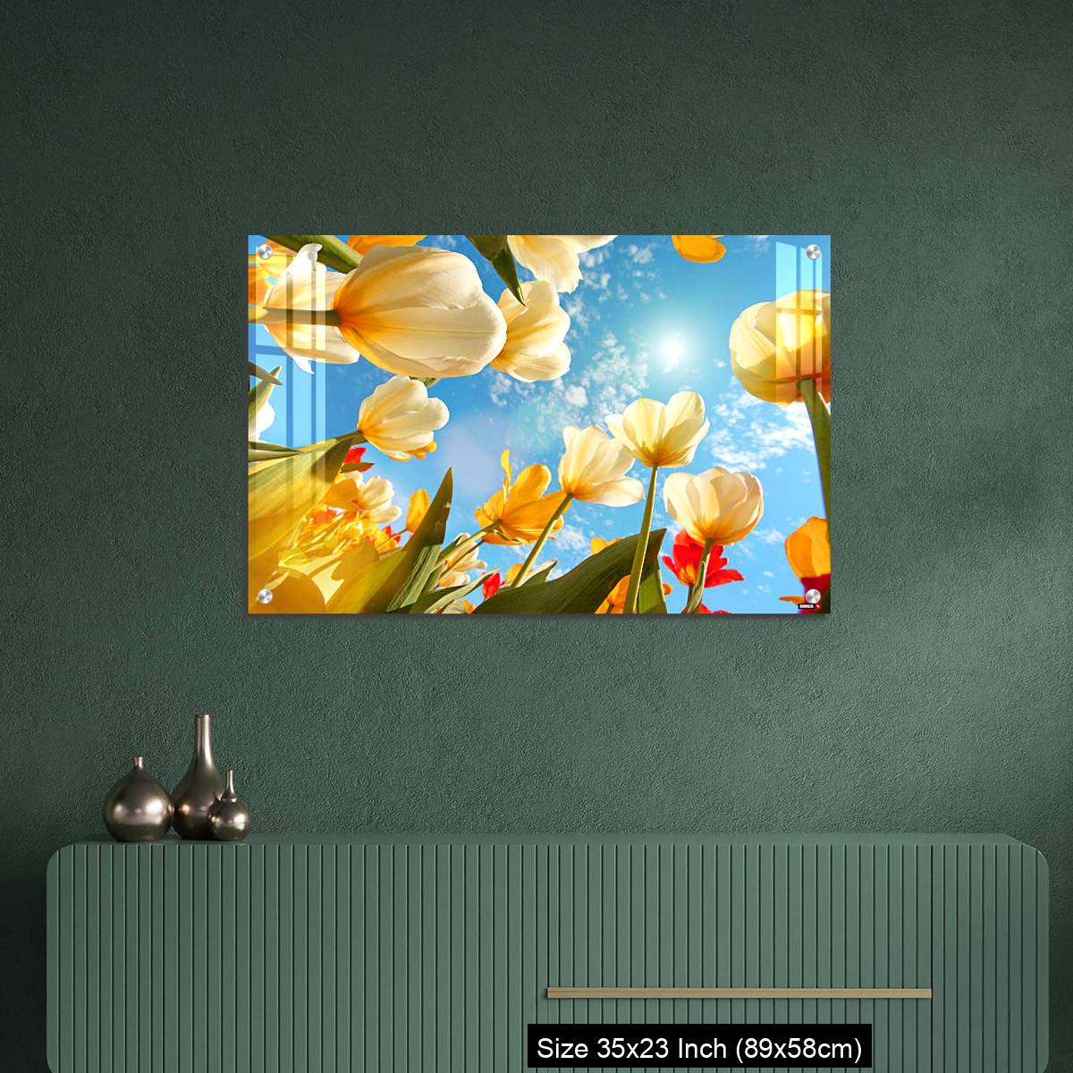 OMGs Acrylic Wall Decor – Summertime: sunny sky with colorful tulips flowers, looking up - Image 9