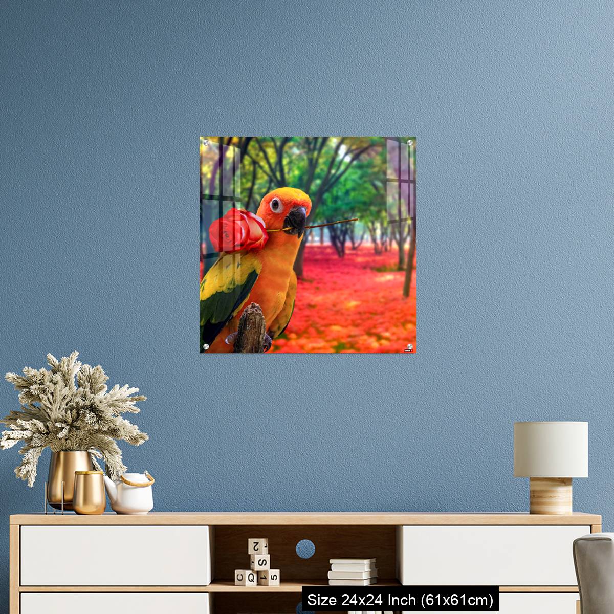 OMGs Acrylic Wall Decor – Cute Parrot Holding a Red Rose in a Colorful Forest - Image 10