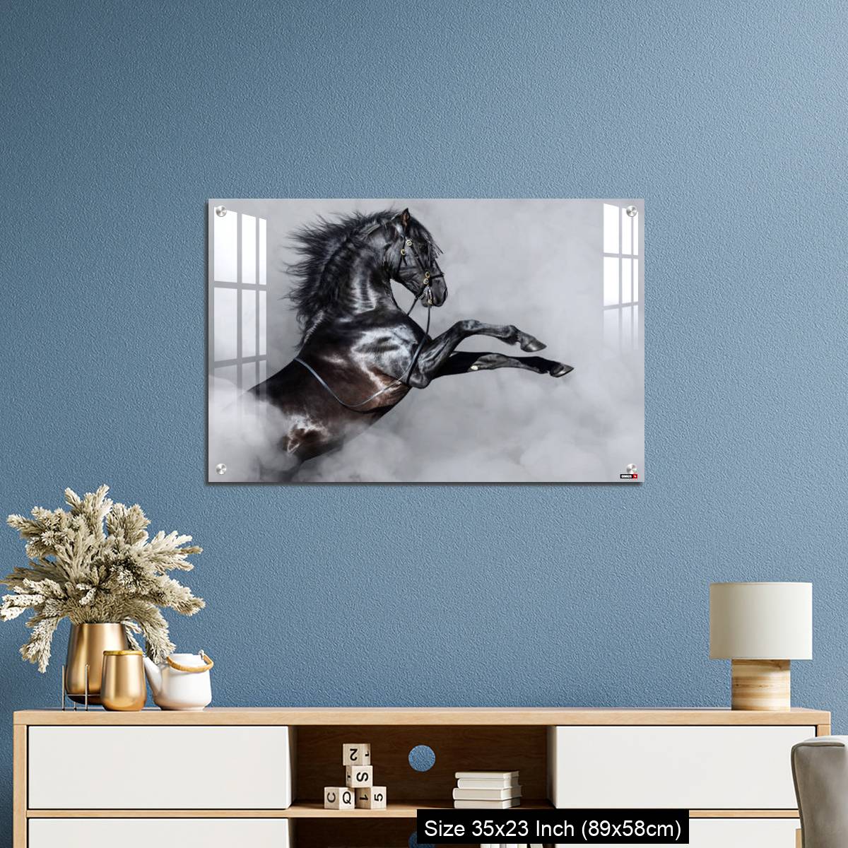 OMGs Acrylic Wall Decor – Black Andalusian horse rearing in smoke. - Image 10