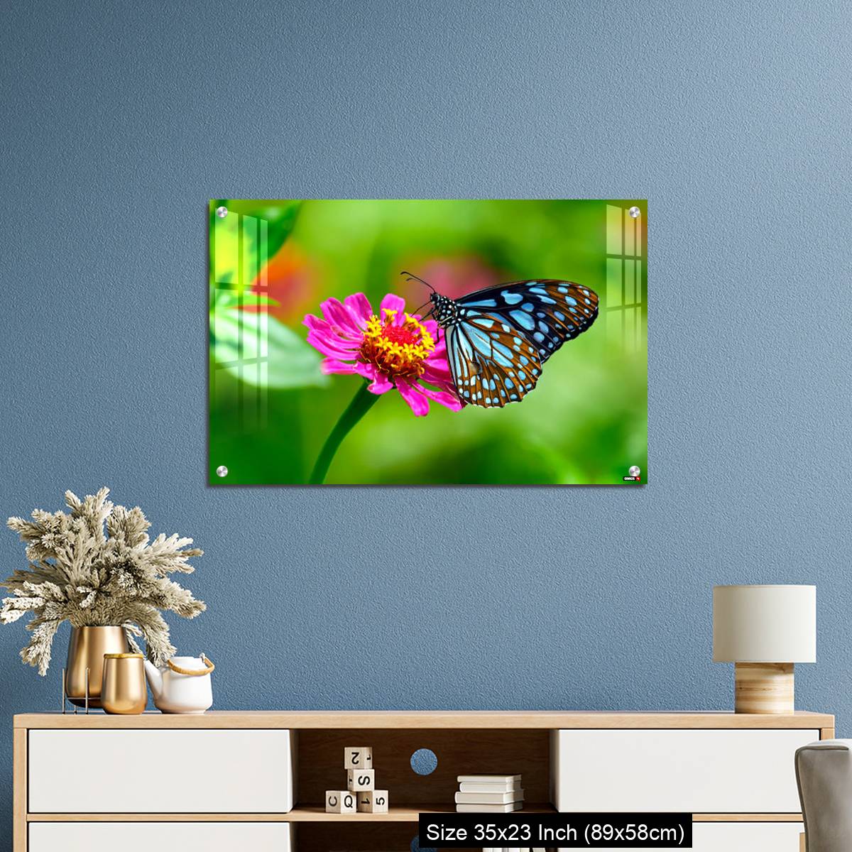 OMGs Acrylic Wall Decor – Blue tiger butterfly on a pink zinnia flower with green background - Image 10