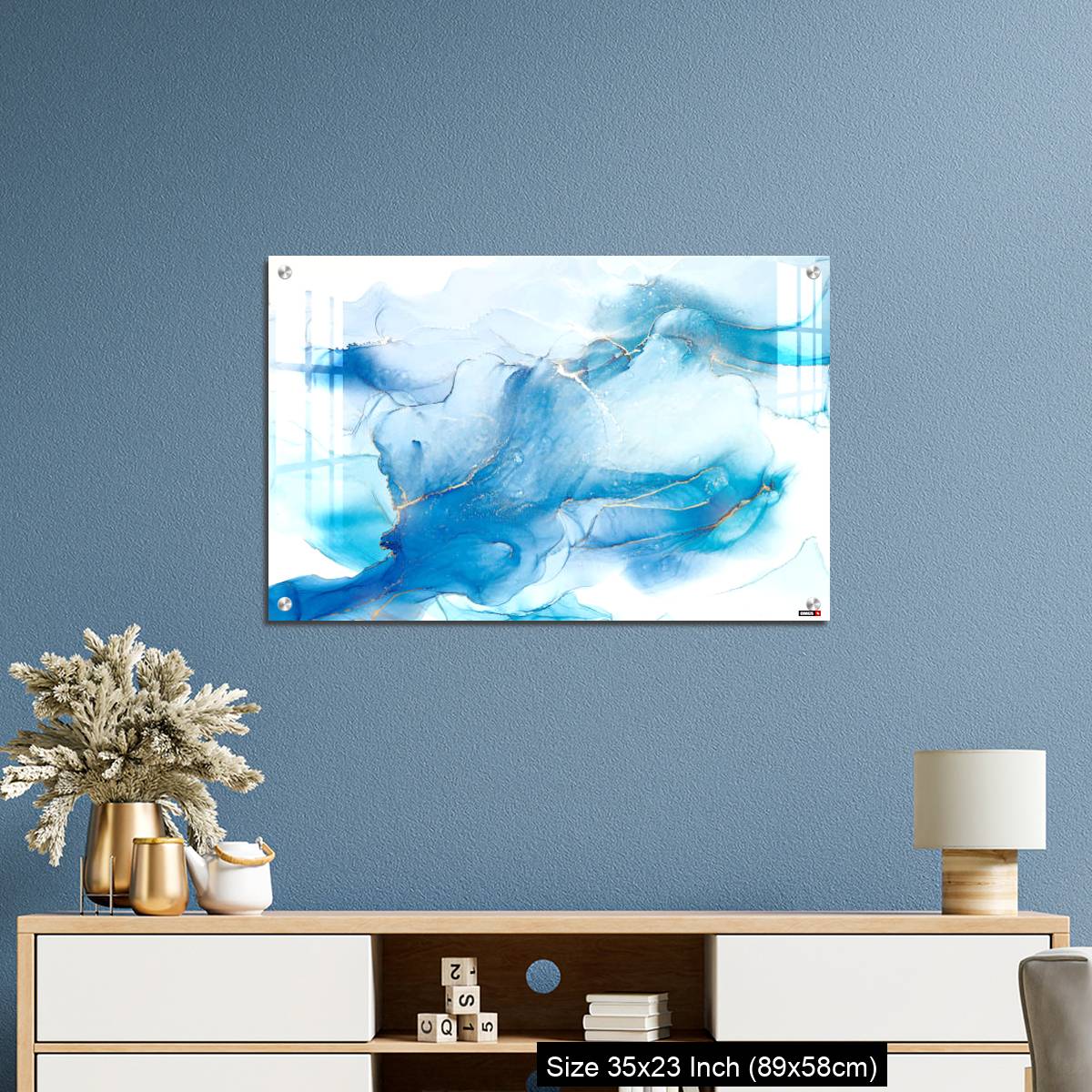 OMGs Acrylic Wall Decor – Cyan blue liquid watercolor background with golden stains - Image 10