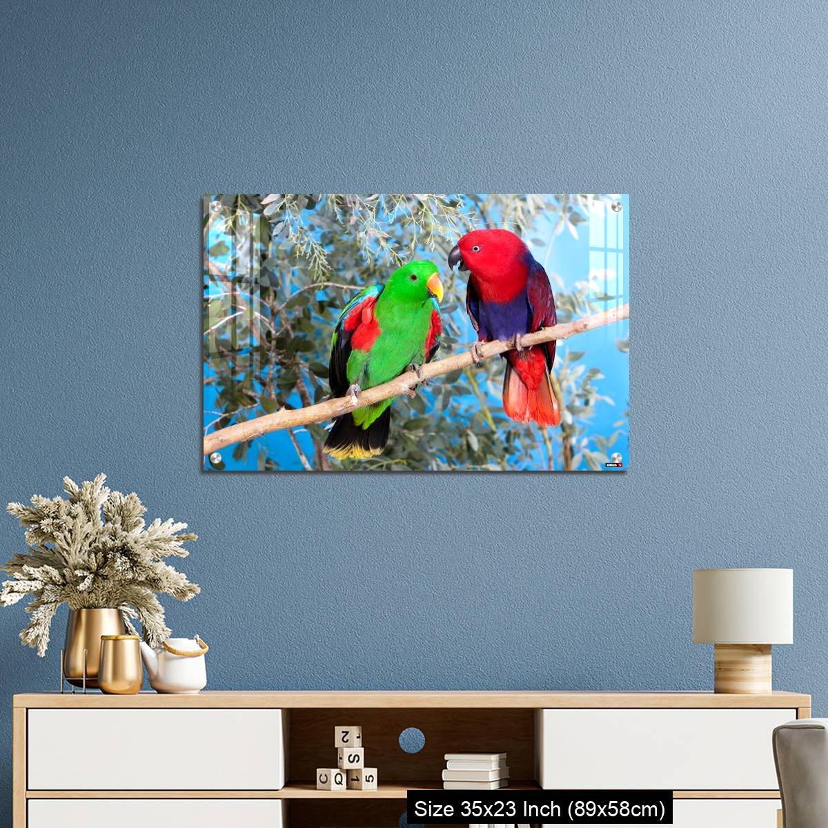 OMGs Acrylic Wall Decor – Eclectus Parrot, eclectus roratus, Pair standing on Branch, Male (green) and Female (Red) - Image 10