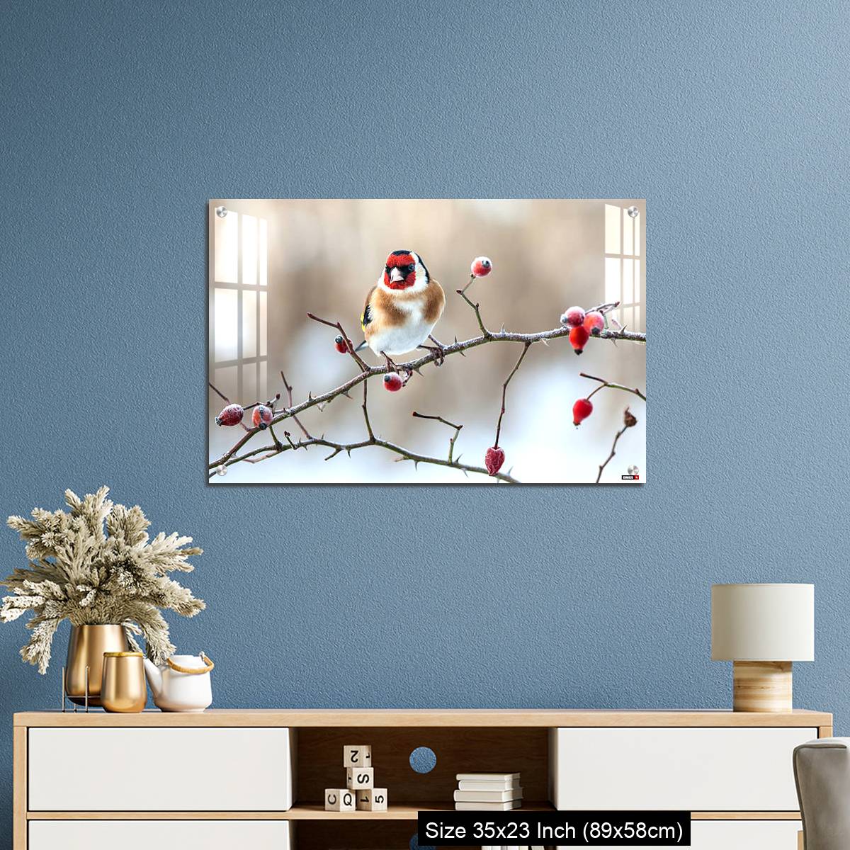 OMGs Acrylic Wall Decor – European Goldfinch with frozen red rose hips. - Image 10