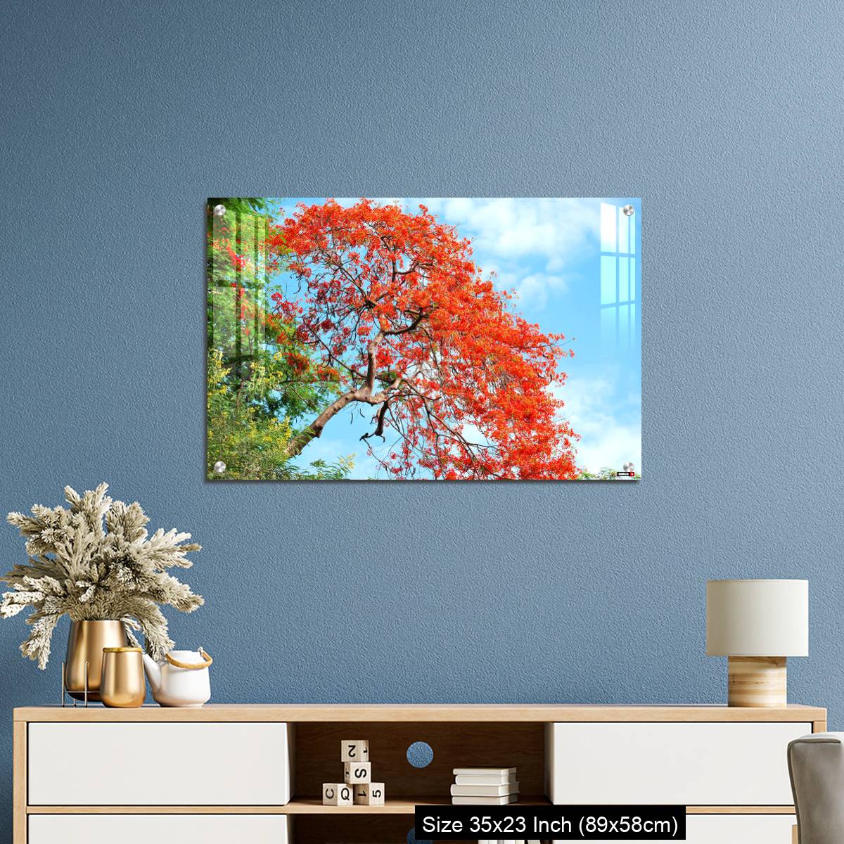 OMGs Acrylic Wall Decor – Gul Mohar tree in full bloom against a bright blue tropical sky in Mumbai, India. - Image 10